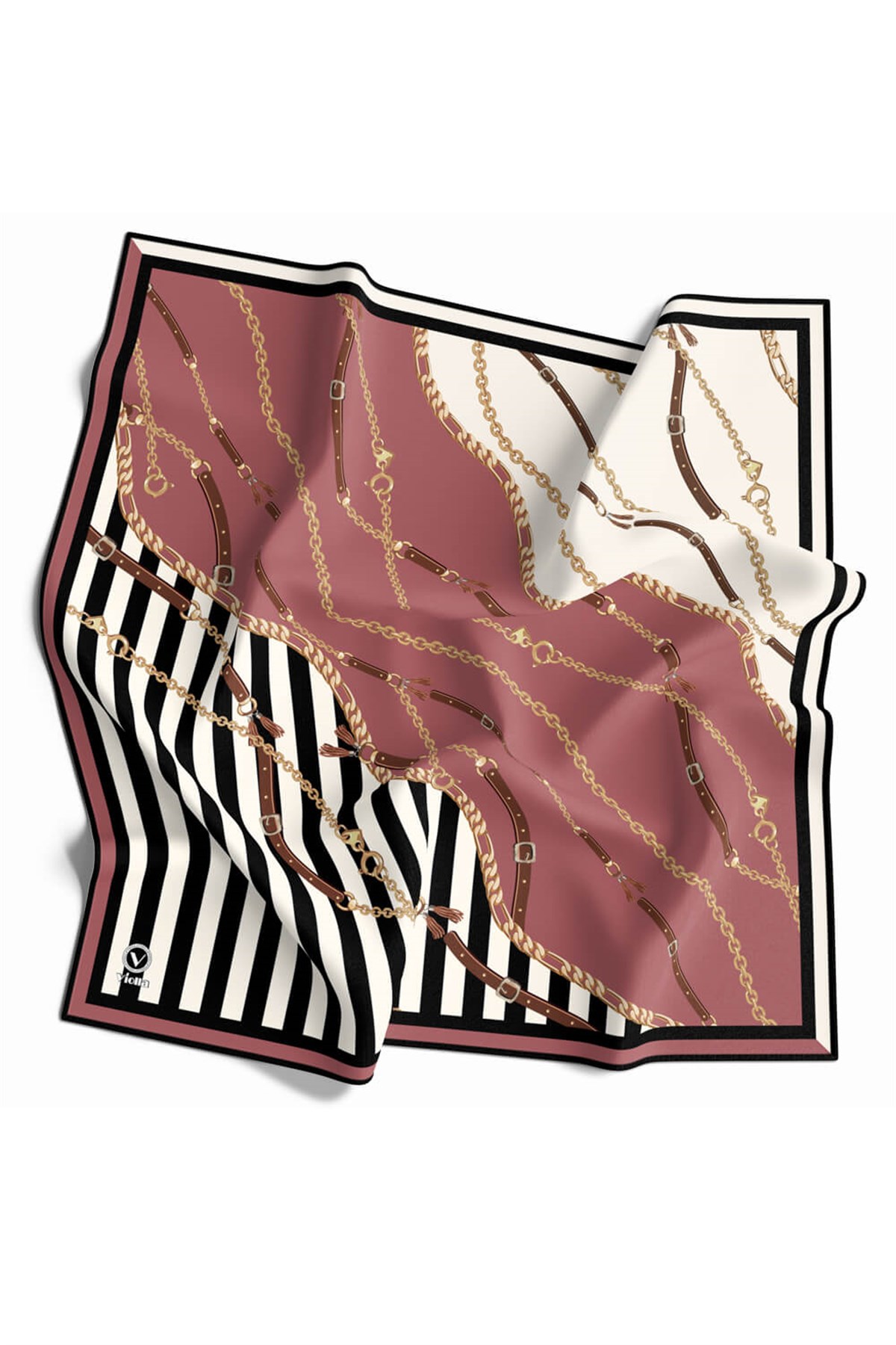 Twill Çizgili Zincir ve Kemer Desenli Pudra Renkli 90x90 Eşarp (İpek İçermez) Kenar Dikiş Şekli El Dikişli