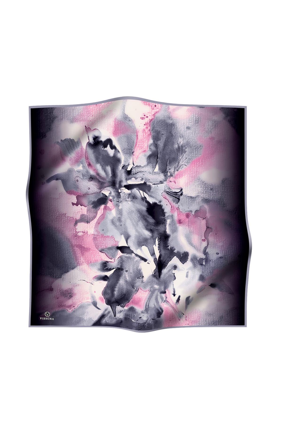 %100 Twill İpek Suluboya Çiçek Desenli Gri - Pembe Renkli 90x90 Eşarp Dikim Şekli : El Dikişi