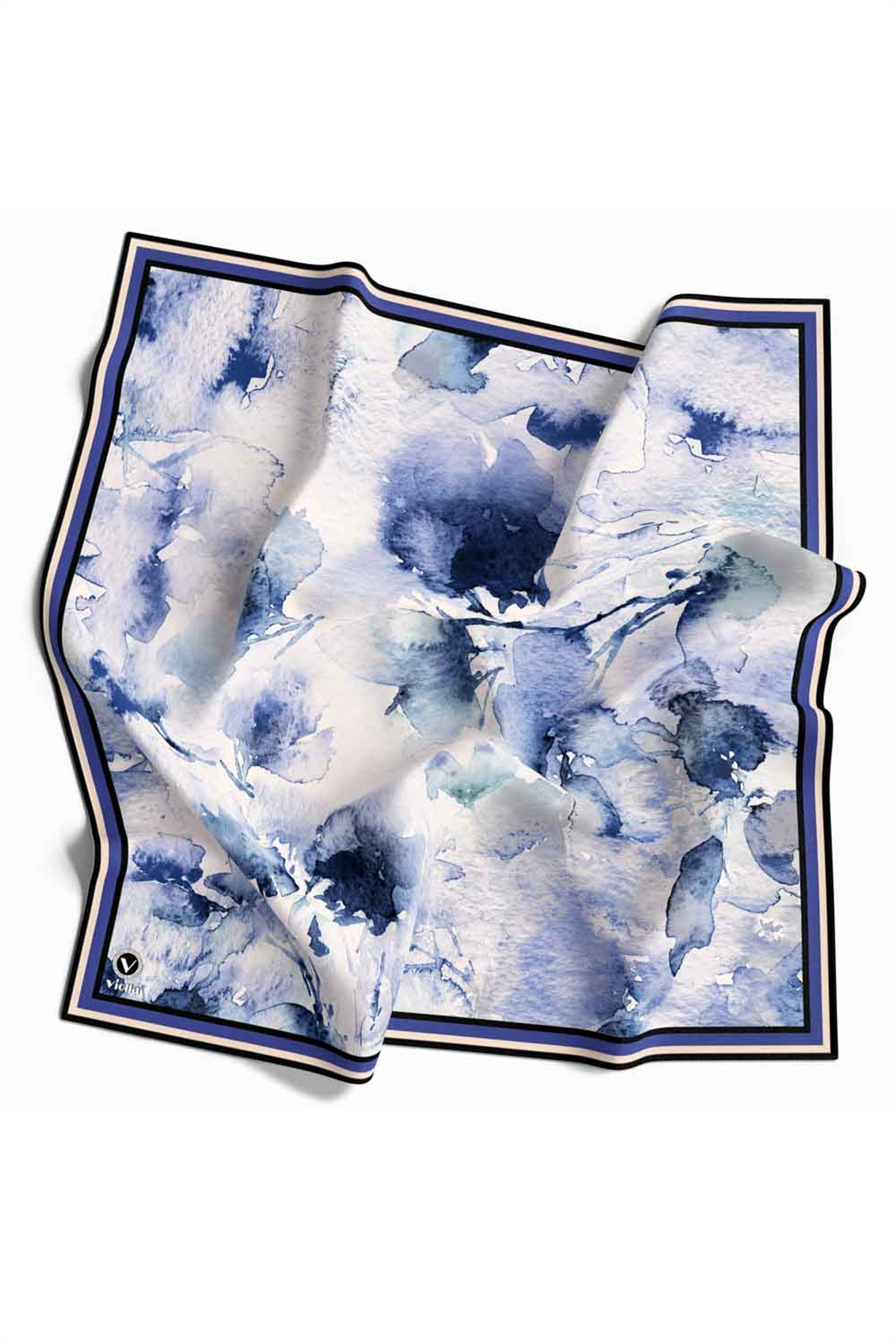 Rayon Sulu Boya Çiçek Desenli İndigo Renkli 90x90 Dikim Şekli : El Dikişi Eşarp (İpek İçermez)