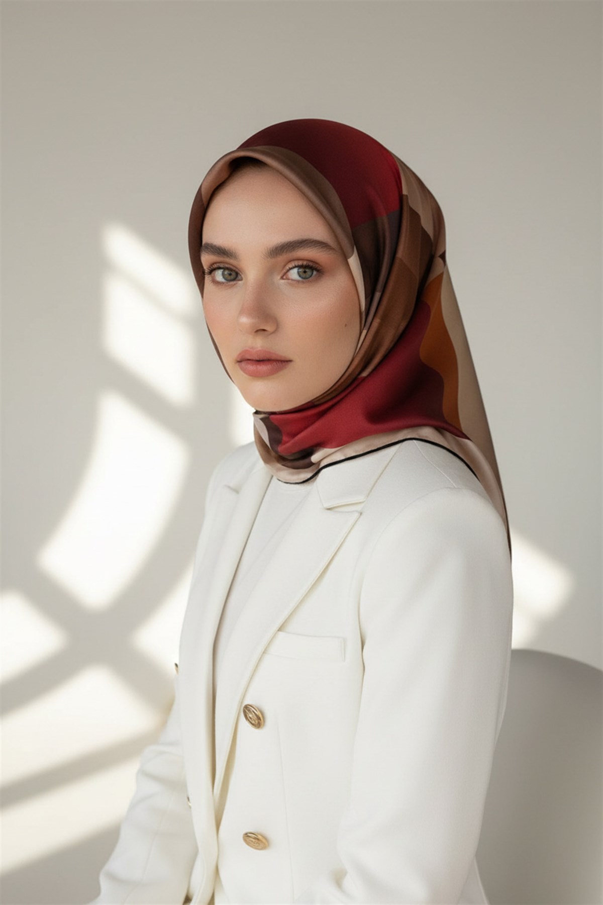 %100 Twill İpek Geometrik Desenli Bej - Kırmızı Renkli 90x90 Eşarp Dikim Şekli : El Dikişi