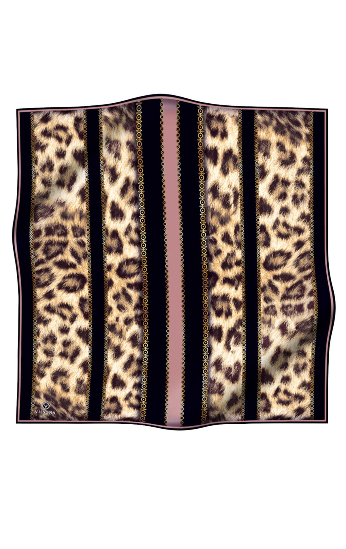 %100 Twill İpek Leopar Desenli Pudra - Siyah Renkli 90x90 Eşarp Dikim Şekli : El Dikişi