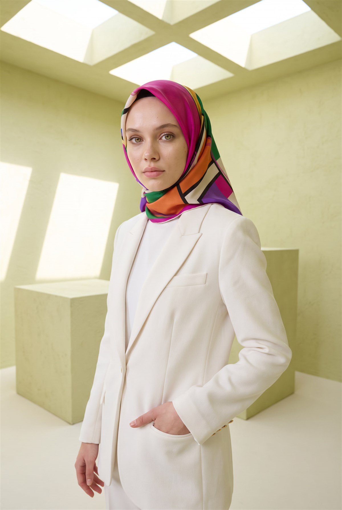 %100 Twill İpek Geometrik Desenli Fuşya - Mor Renkli 90x90 Eşarp Dikim Şekli : El Dikişi