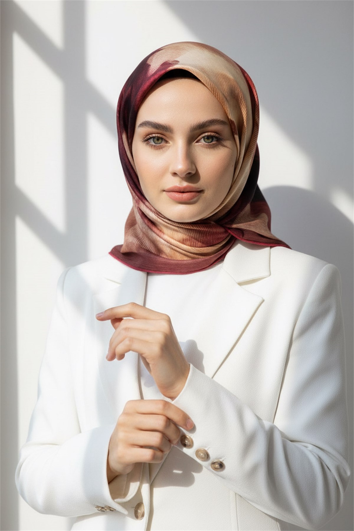 %100 Twill İpek Yaprak Desenli Bordo Renkli 90x90 Eşarp Dikim Şekli : El Dikişi