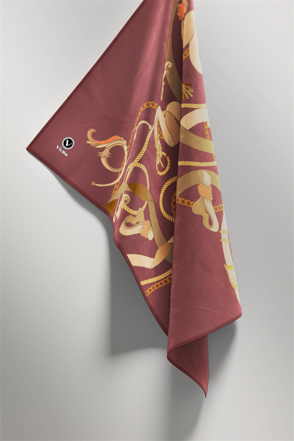 Twill Kemerli Ve Zincir Desenli Gül Kurusu Renkli 90x90 Eşarp (İpek İçermez) Kenar Dikiş Şekli El Dikişli