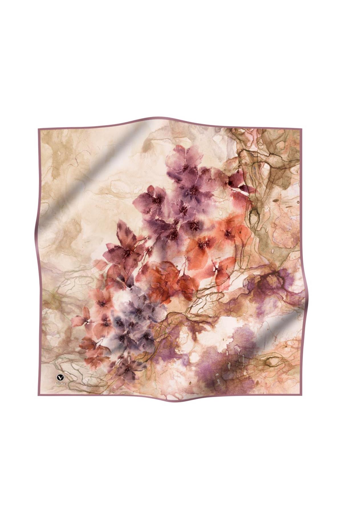 Rayon Sulu Boyalı Çiçek Desenli Pembe Renkli 90x90 Eşarp (İpek İçermez) Dikim Şekli : El Dikişi