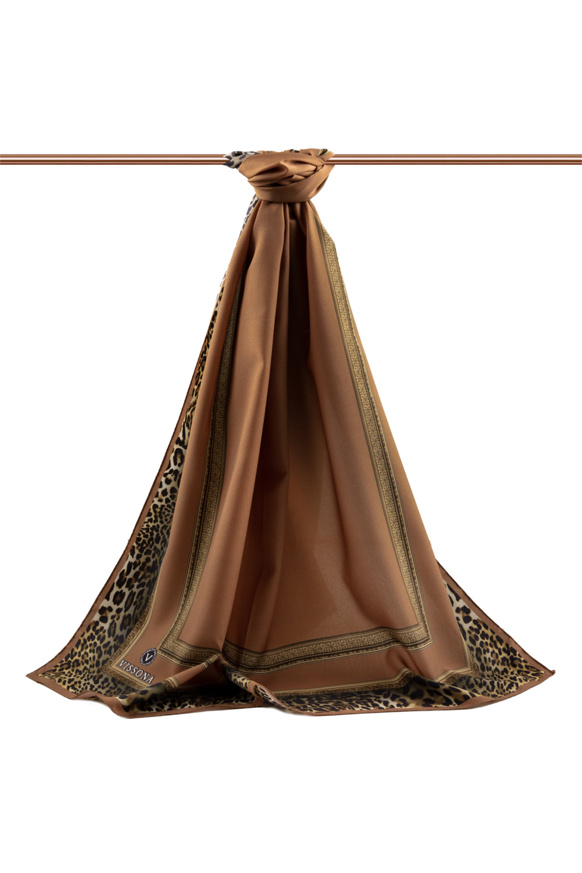 LÜKS MEDİNE İPEĞİ LEOPAR BORDÜR DESENLİ BAKIR RENKLİ 75X195 KIRIŞMAZ ŞAL MOSS KREP DİKİŞ TİPİ İTALYAN DİKİŞLİ