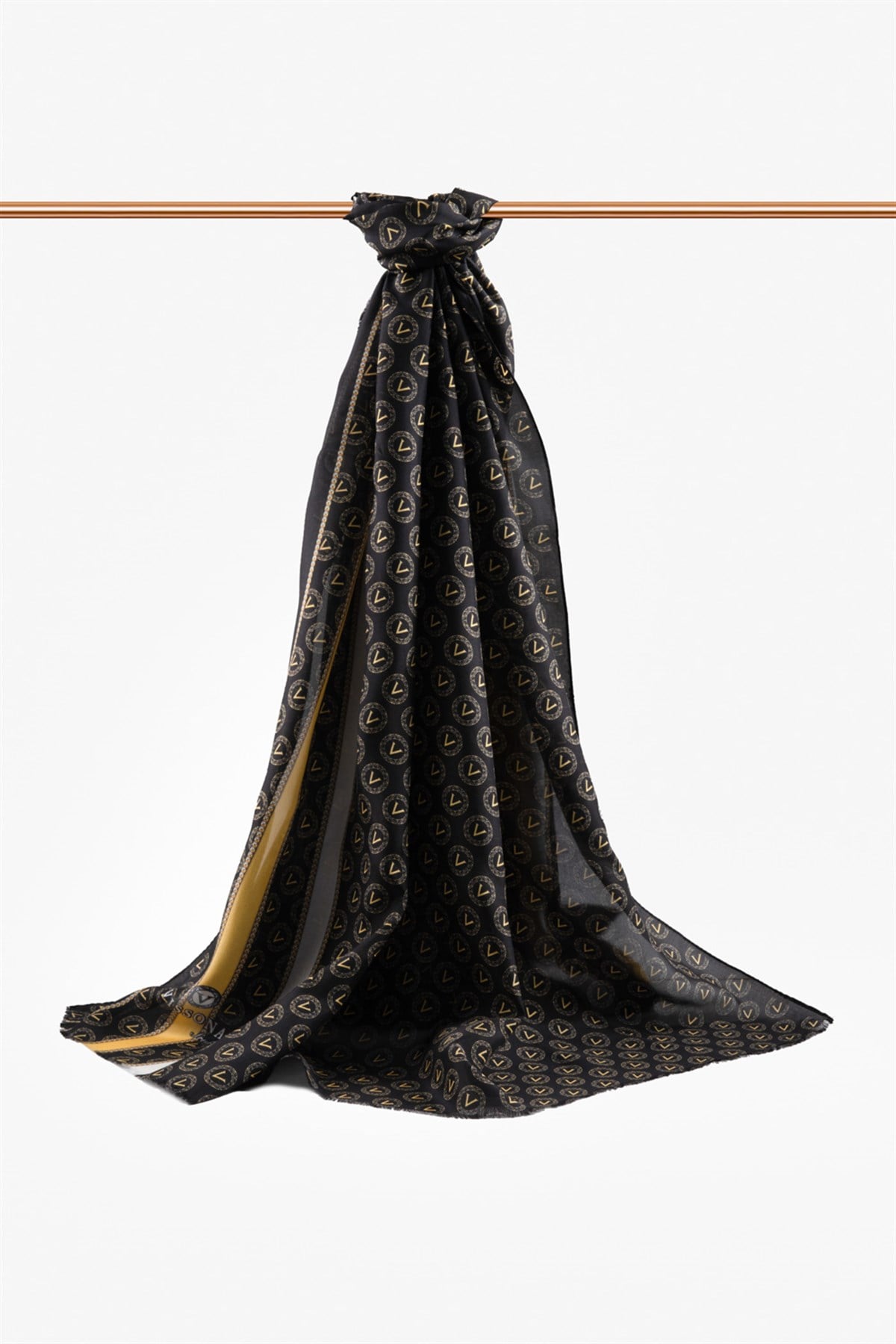 %100 İpek Monogram Desenli Siyah - Gold Renkli 92x210 Şal
