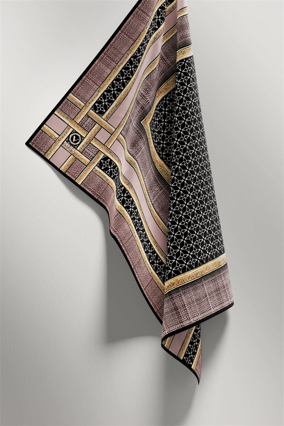 Twill Gold Bordürlü Geometrik Desenli Vizon Renkli 90x90 Eşarp (İpek İçermez) Kenar Dikiş Şekli El Dikişli