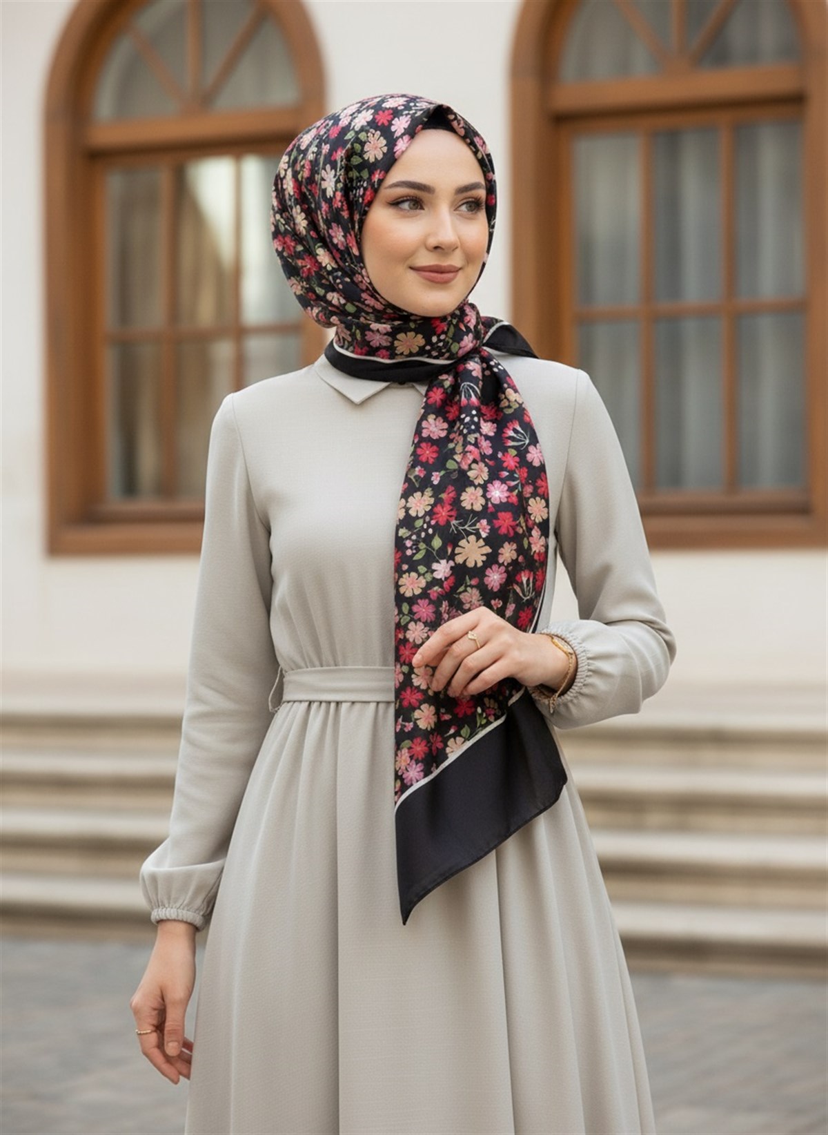 %100 İpek Çıtır Çiçek Desenli Siyah - Bordo Renkli 92x210 Şal
