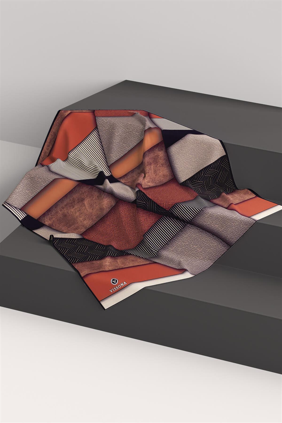 %100 Twill İpek Dokulu ve Geometrik Desenli Taba - Siyah Renkli 90x90 Eşarp Dikim Şekli : El Dikişi