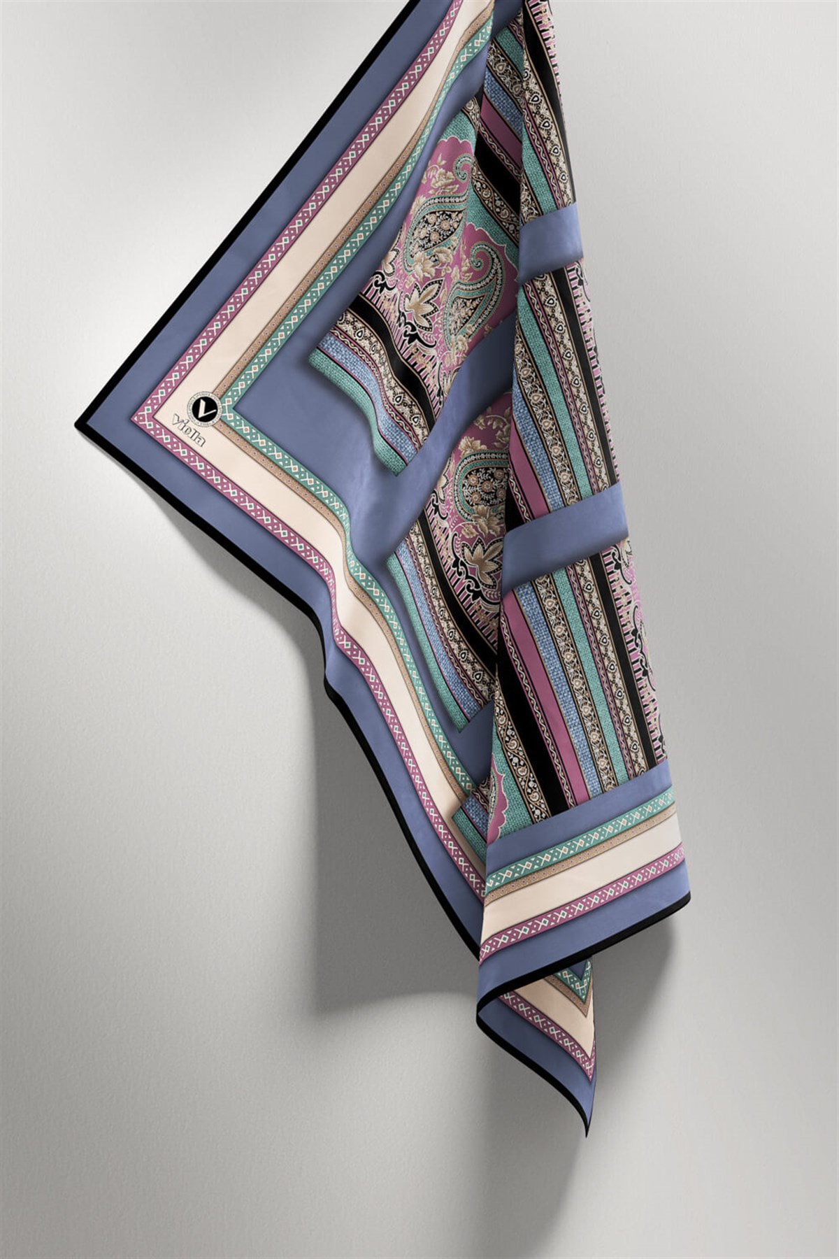 Twill Şal Desenli İndigo Renkli 90x90 Eşarp (İpek İçermez) Kenar Dikiş Şekli El Dikişli