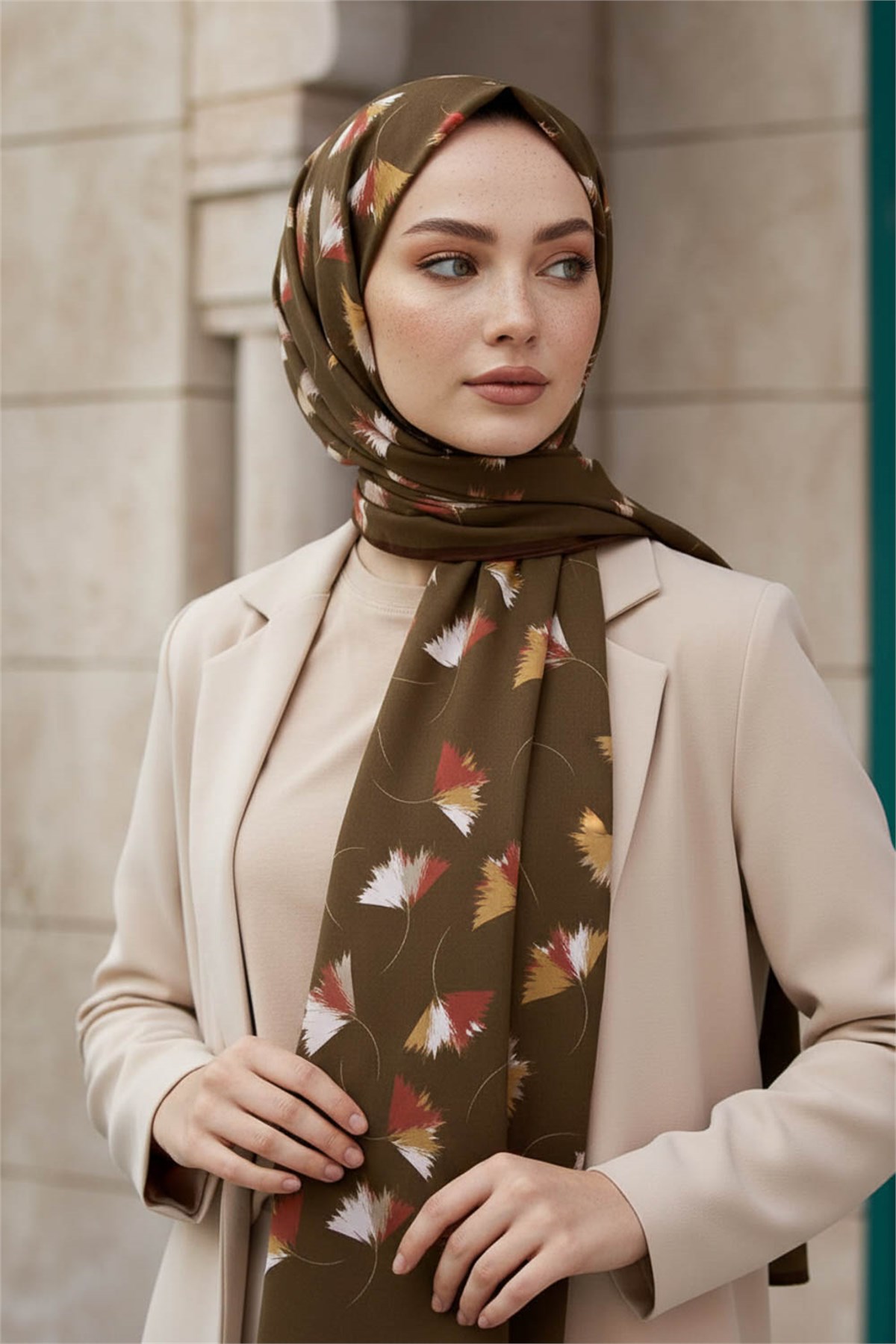 KREP YAPRAK DESENLİ KAHVERENGİ-1 RENKLİ 75X195 KIRIŞMAZ ŞAL