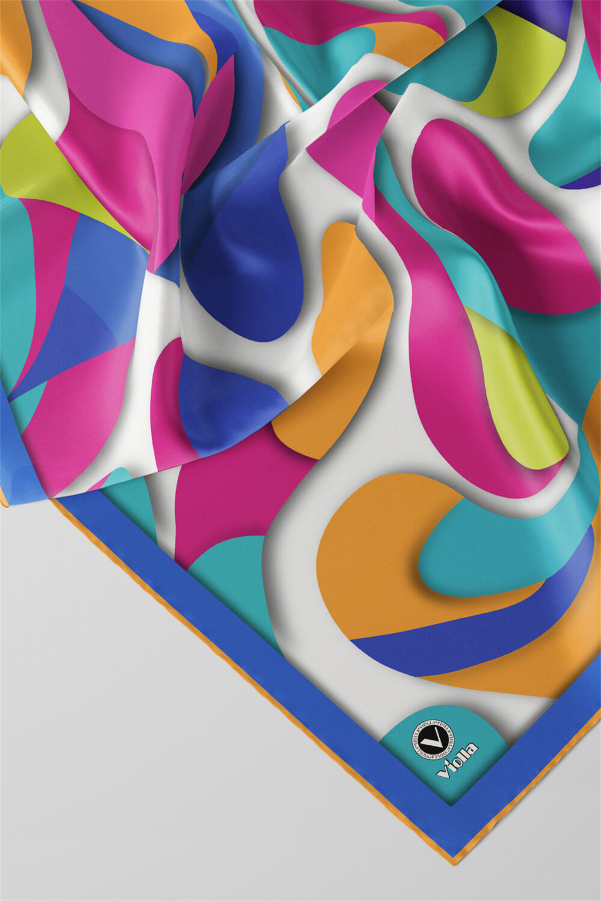 Twill Soyut Geometrik Desenli Buz Mavisi - Sarı Renkli 90x90 Eşarp (İpek İçermez) Dikim Şekli : El Dikişi