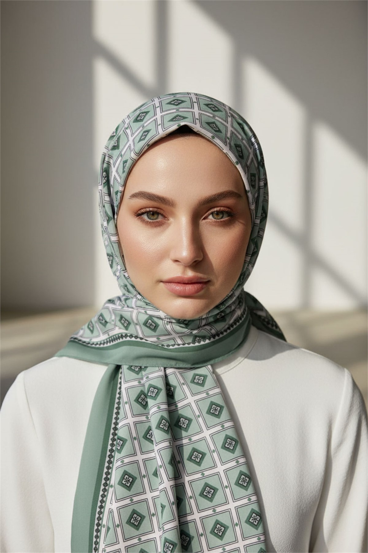KREP KARE DESENLİ KOYU MİNT RENKLİ 75X195 KIRIŞMAZ ŞAL