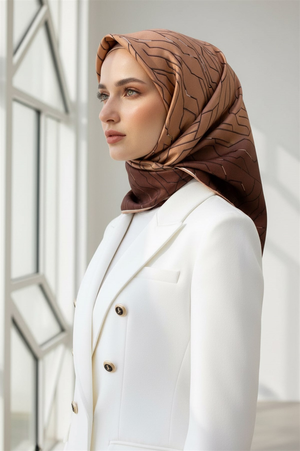 %100 Twill İpek Geometrik Desenli Bakır Renkli 90x90 Eşarp Dikim Şekli : El Dikişi