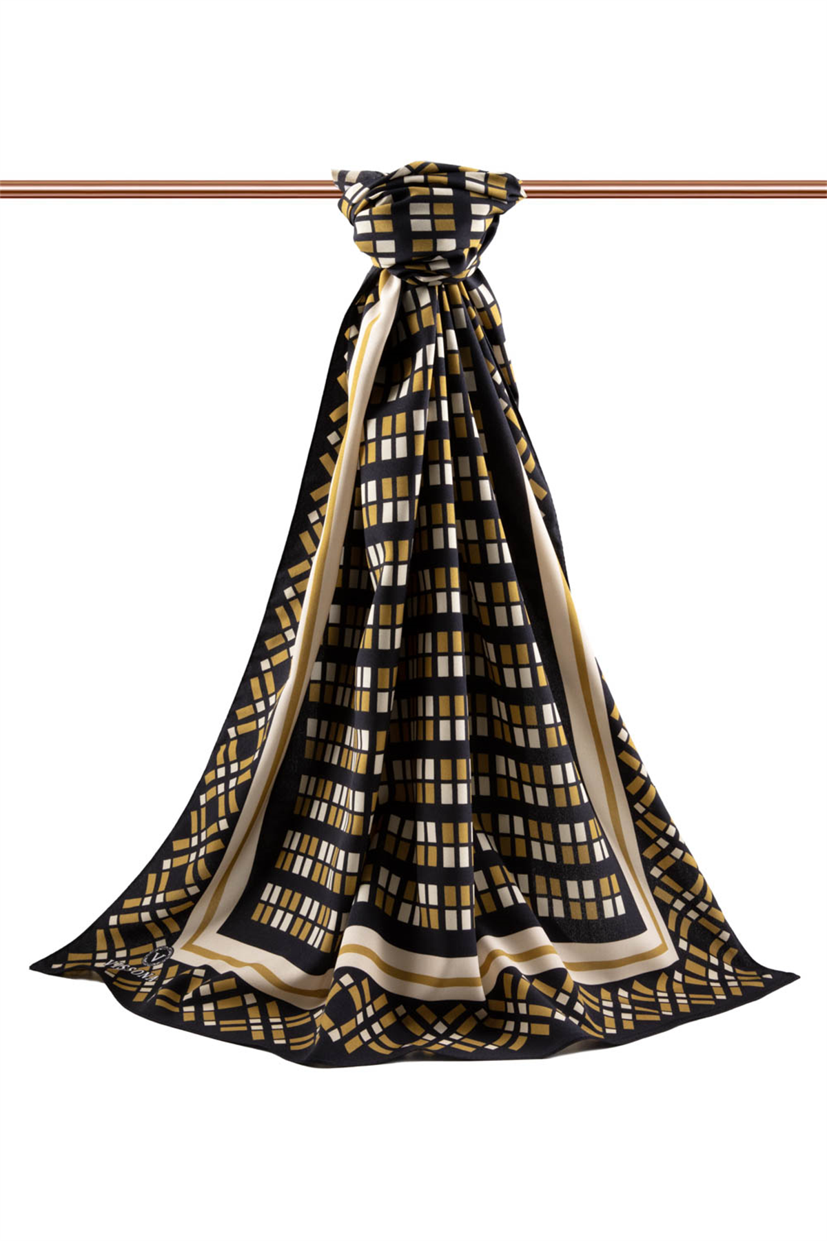 LÜKS MEDİNE İPEĞİ KARE DESENLİ GOLD RENKLİ 75X195 KIRIŞMAZ ŞAL MOSS KREP DİKİŞ TİPİ İTALYAN DİKİŞLİ