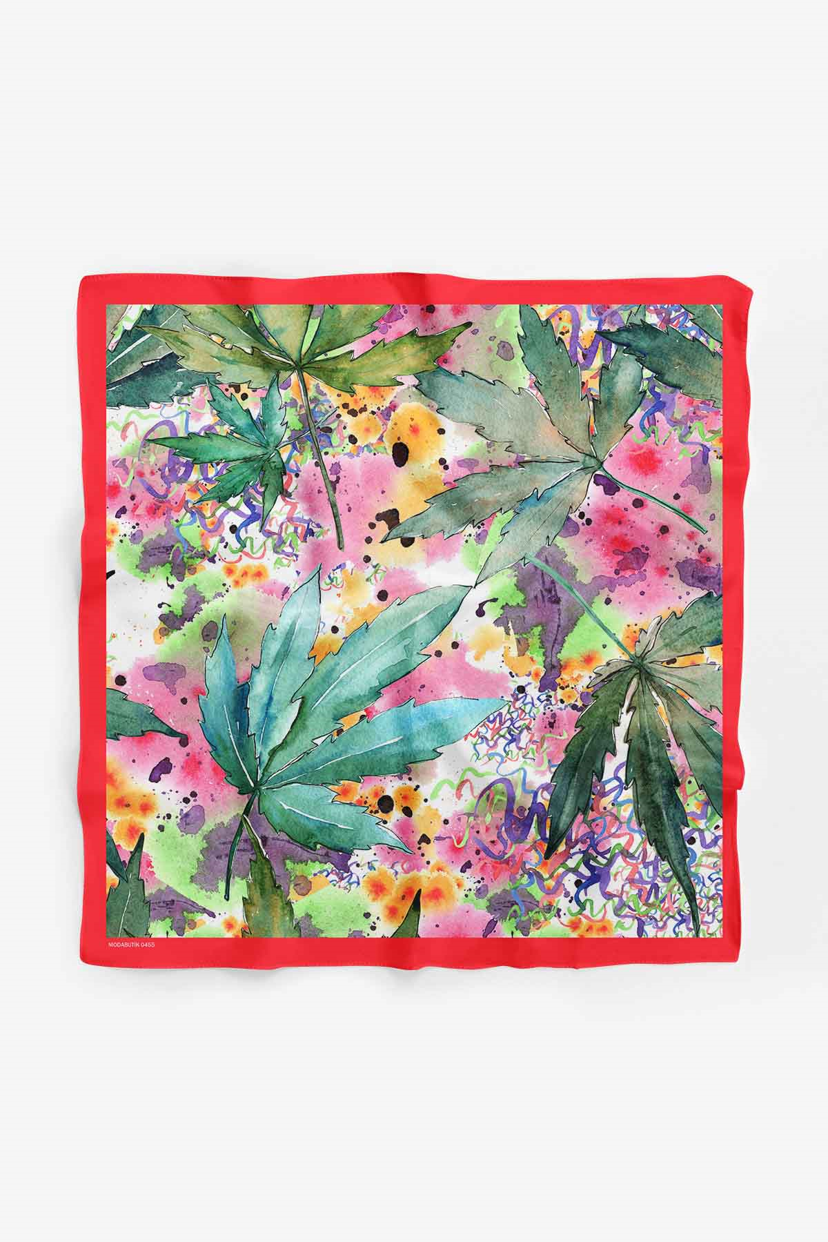 A74 Kadın Yaprak Desenli Bandana 50x50 Yeşil Pembe DG0455-22