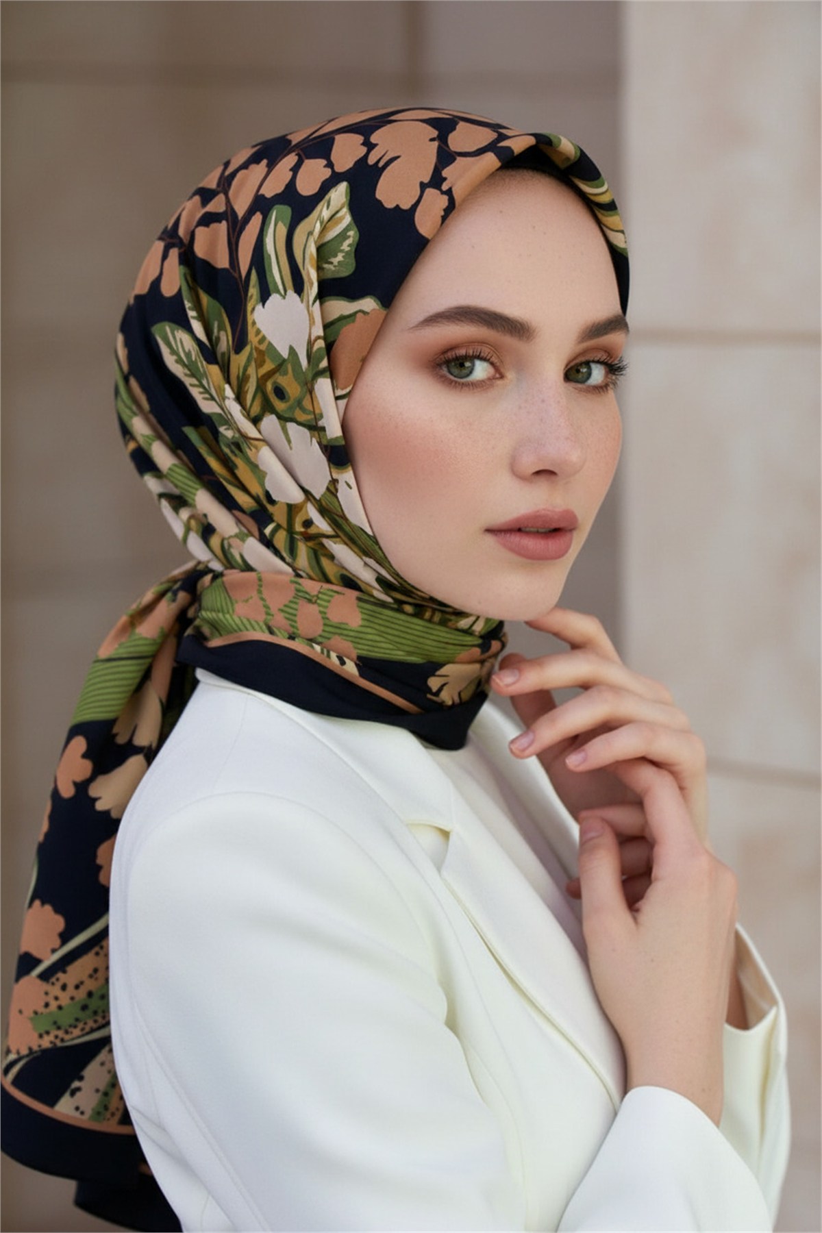 KREP YAPRAK DESENLİ SOMON RENKLİ 75X195 KIRIŞMAZ ŞAL