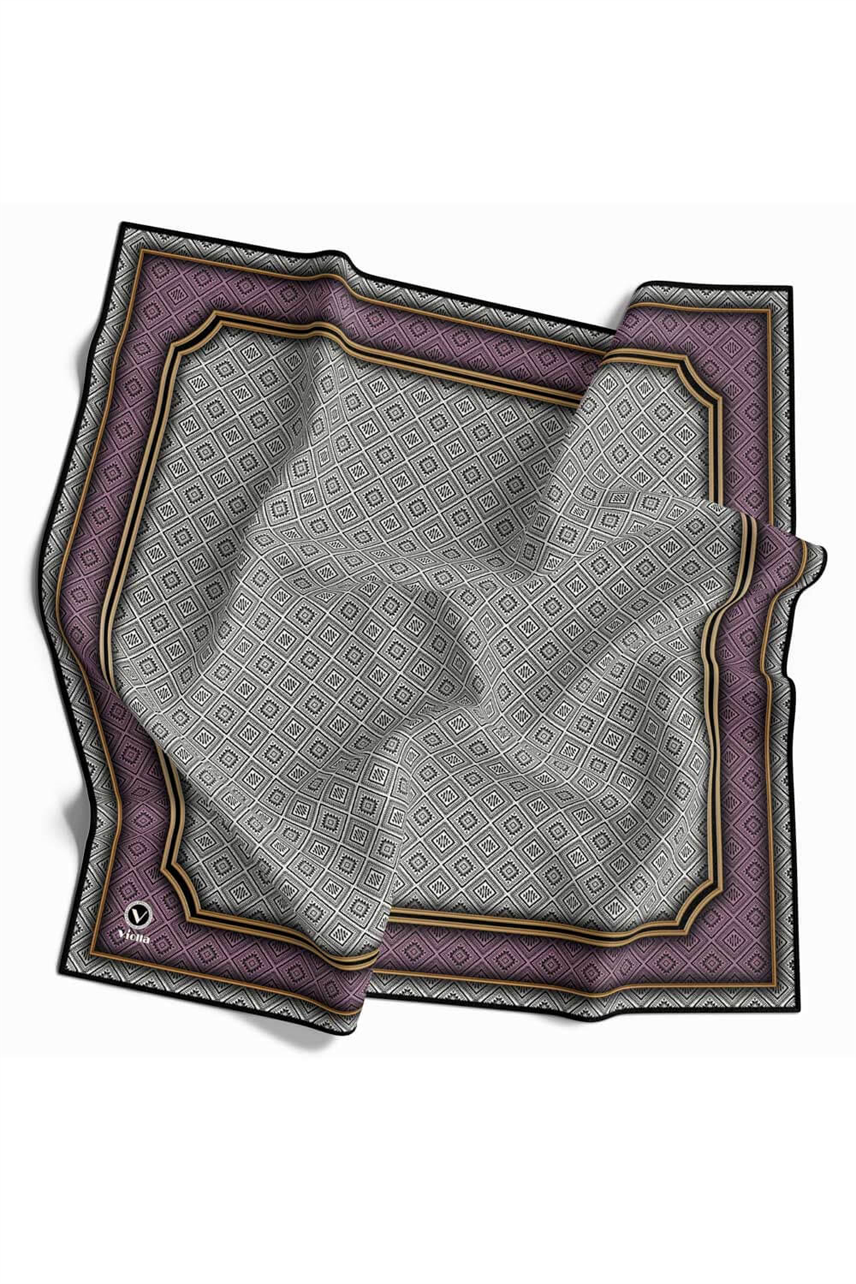Twill Geometrik Çıtır Desenli Lila Renkli 90x90 Eşarp (İpek İçermez) Kenar Dikiş Şekli El Dikişli
