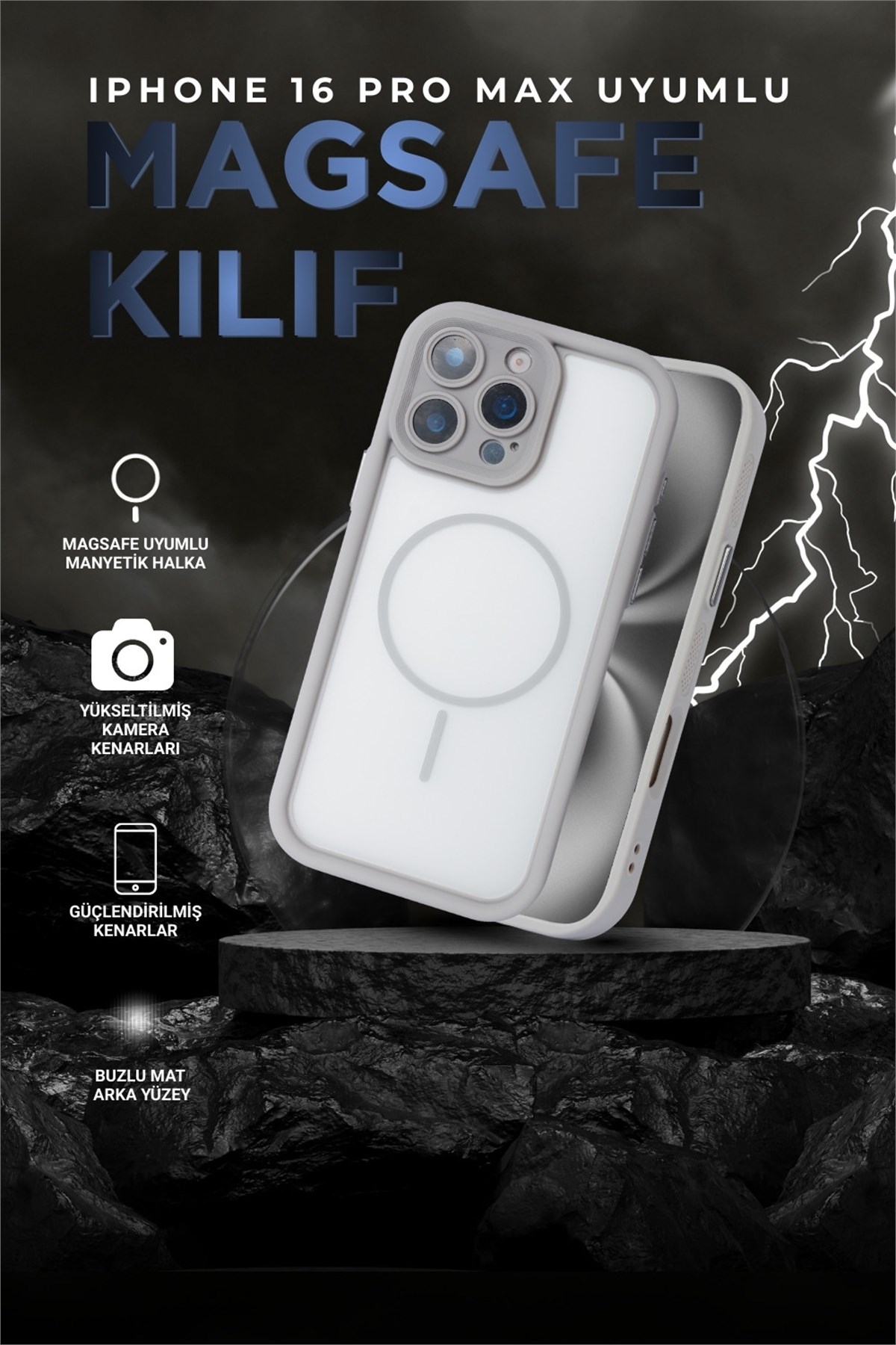 iPhone 16 Pro Max Kılıf – Kamera Korumalı – MagSafe Uyumlu – Gri Renk – Mat Silikon Telefon Kılıfı