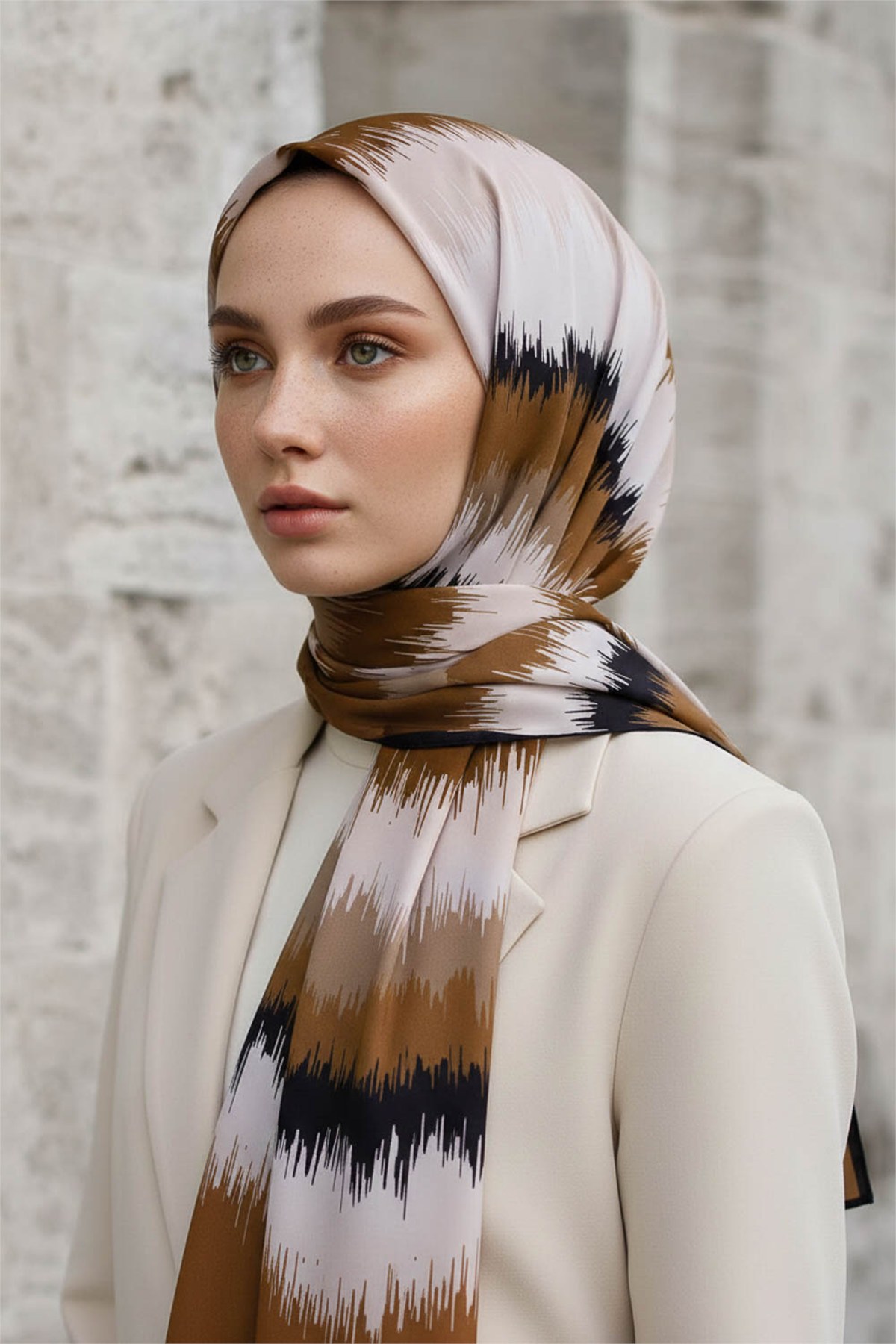 KREP FREKANS DESENLİ BEJ RENKLİ 75X195 KIRIŞMAZ ŞAL