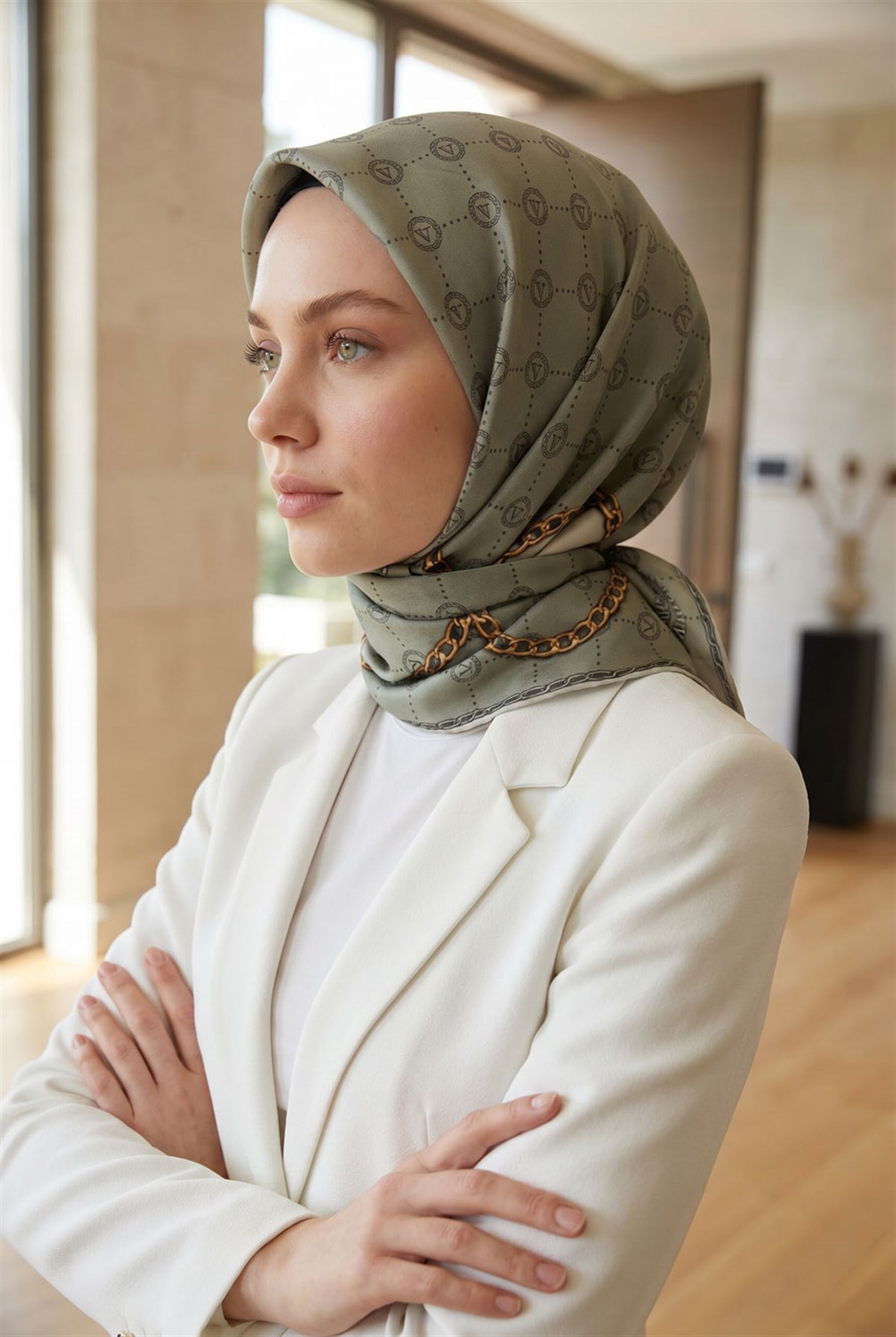 %100 Twill İpek Zincirli Ve Monogram Desenli Çağla Renkli 90x90 Eşarp Dikim Şekli : El Dikişi