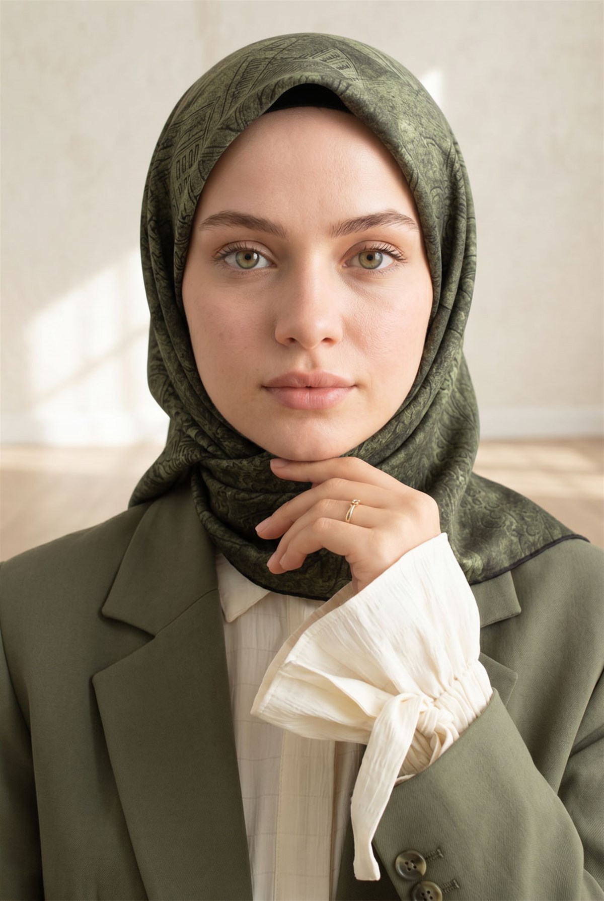 % 57 İpek % 43 Viskon Twill İpek Degradeli Yaprak Desenli  Haki Renkli 90x90 Eşarp Dikim Şekli : El Dikişi