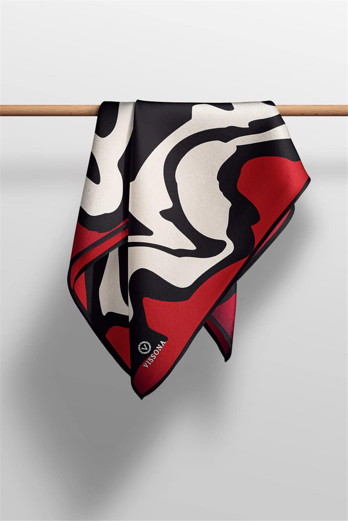 100% Twill İpek Dalga Desenli Siyah - Bordo Renkli 90x90 Dikim Şekli : El Dikişi Eşarp