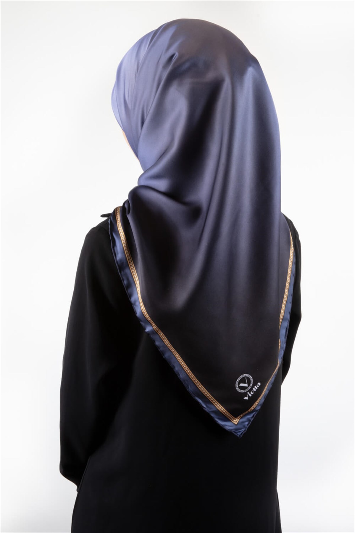 Twill Degrade Desenli İndigo Renkli 90x90 Eşarp (İpek İçermez) Kenar Dikiş Şekli El Dikişli
