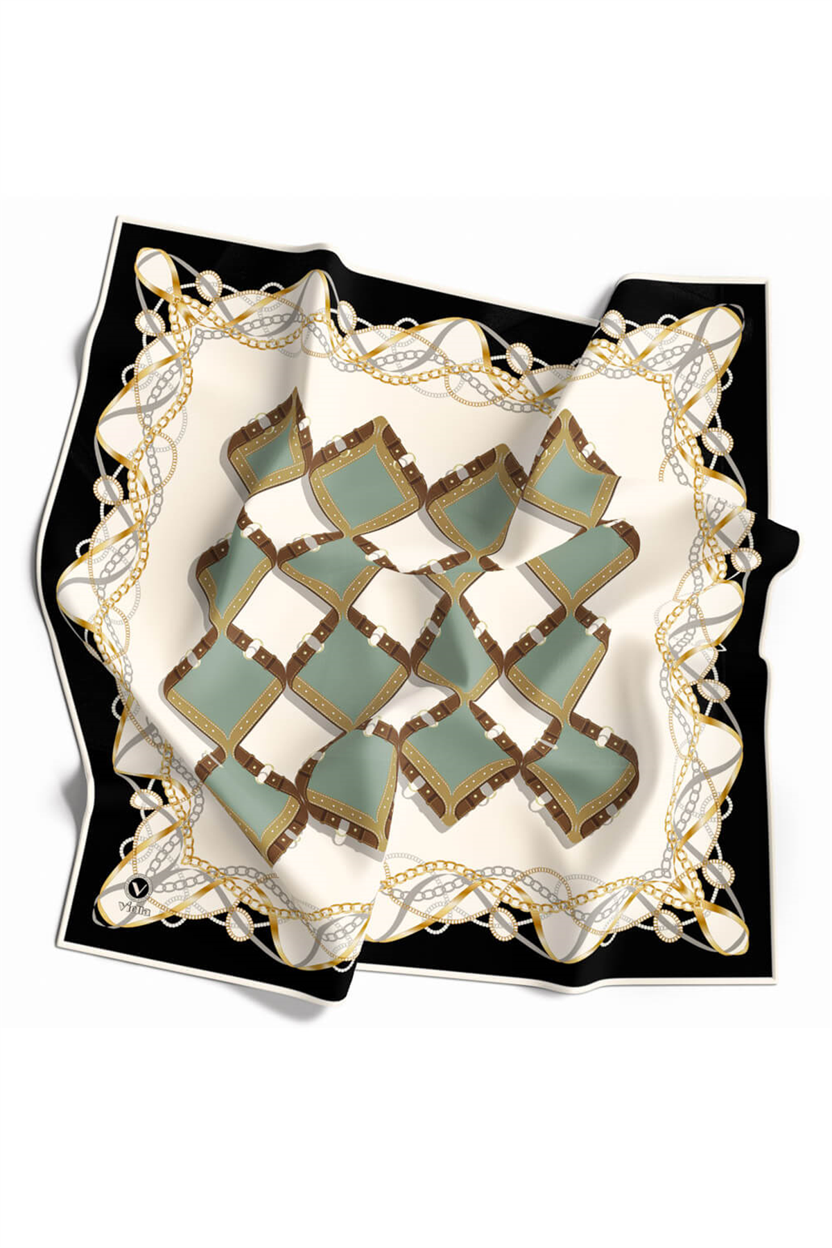 Twill Kemer Ve Zincir Desenli Koyu Mint Yeşiili Renkli 90x90 Eşarp (İpek İçermez) Kenar Dikiş Şekli El Dikişli