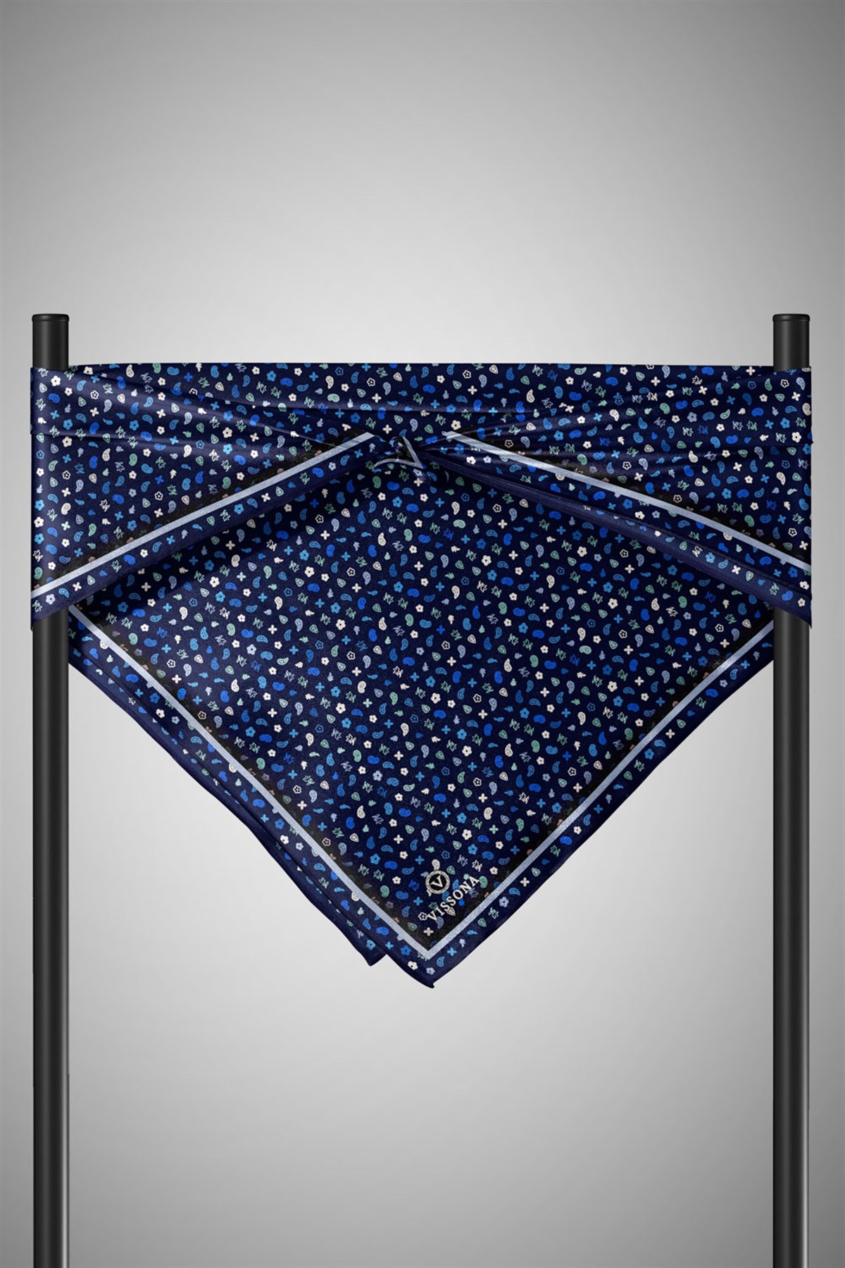 %100 Twill İpek Çıtır Desenli Lacivert Renkli 90x90 Eşarp Dikim Şekli : El Dikişi