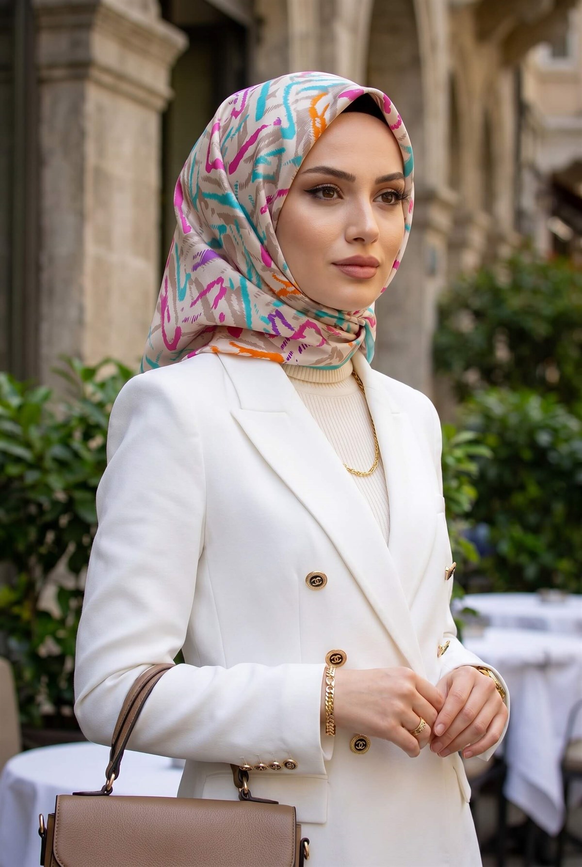 %100 Twill İpek Geometrik Desenli Turkuaz - Pembe Renkli 90x90 Eşarp Dikim Şekli : El Dikişi