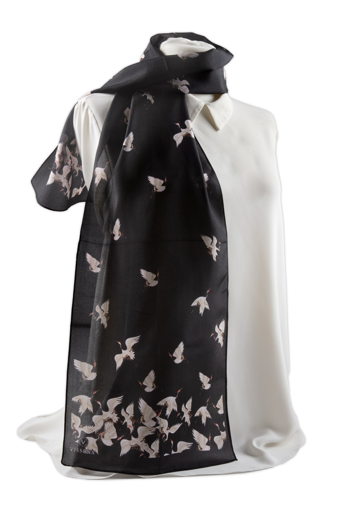 I76 %100 İpek Leylek Desenli Kadın Fular