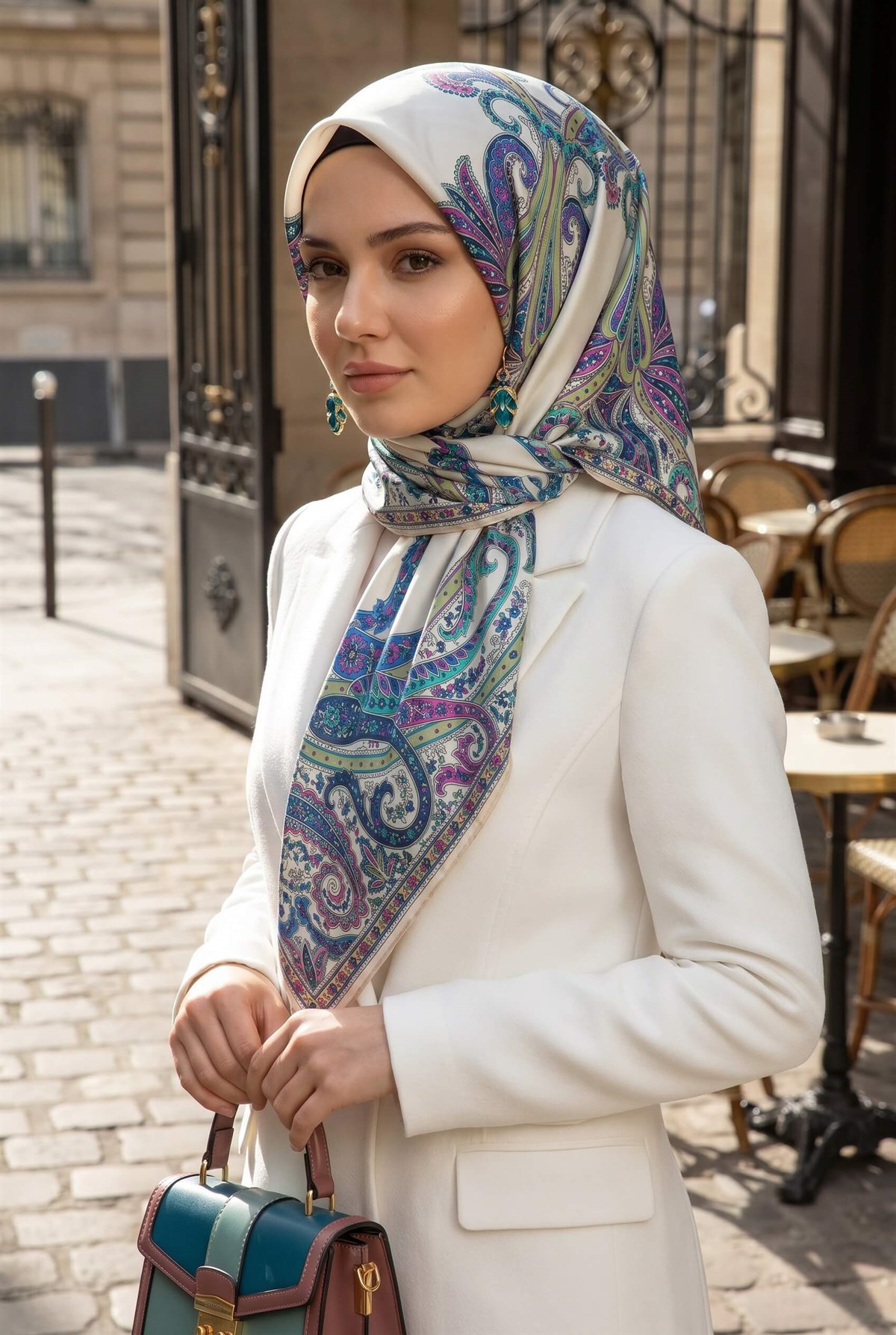 %100 Twill İpek Şal Desenli Krem - Saks Renkli 90x90 Eşarp Dikim Şekli : El Dikişi