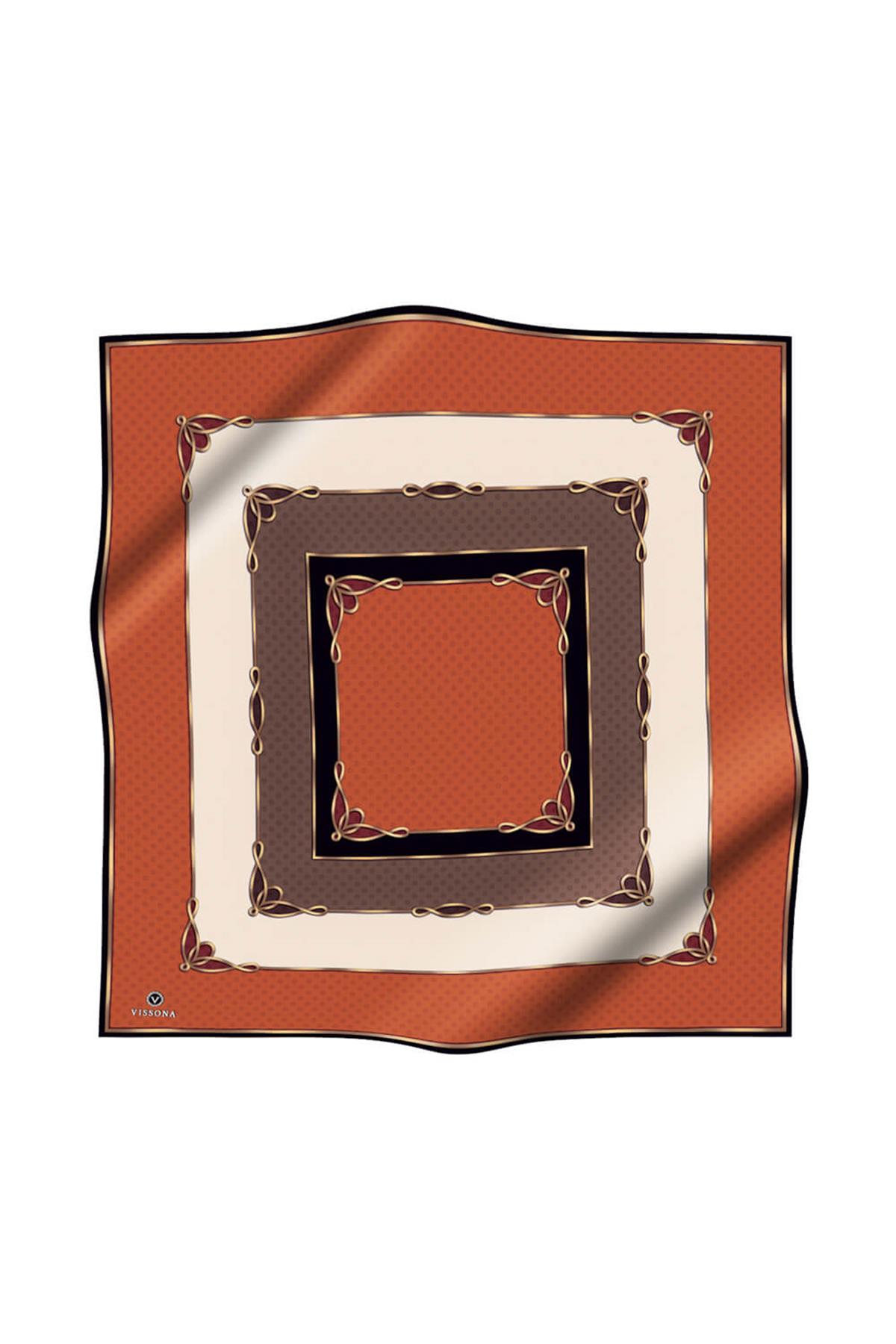 %100 Twill İpek Puantiyeli ve Geometrik Desenli Taba - Vizon Renkli 90x90 Eşarp Dikim Şekli : El Dikişi