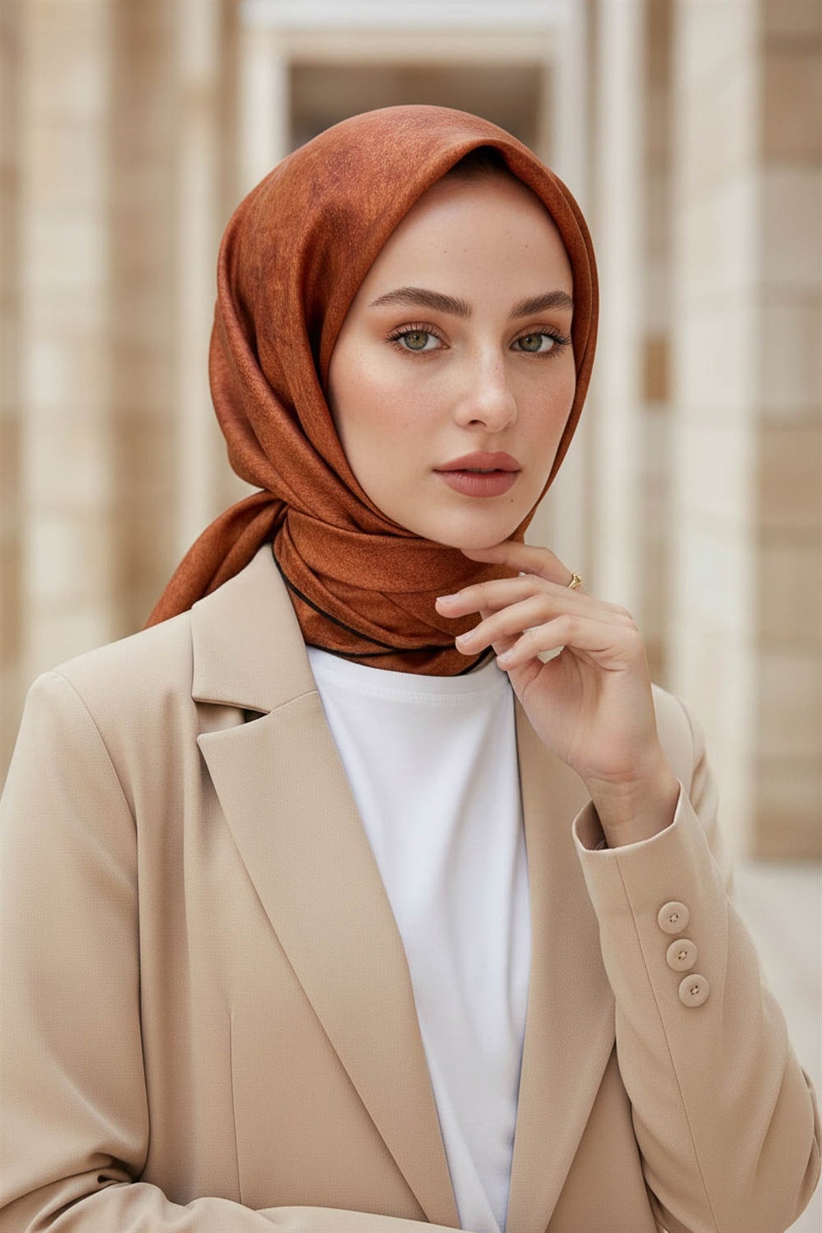 %100 Twill İpek Doku Desenli Sarı - Taba Renkli 90x90 Eşarp Dikim Şekli : El Dikişi