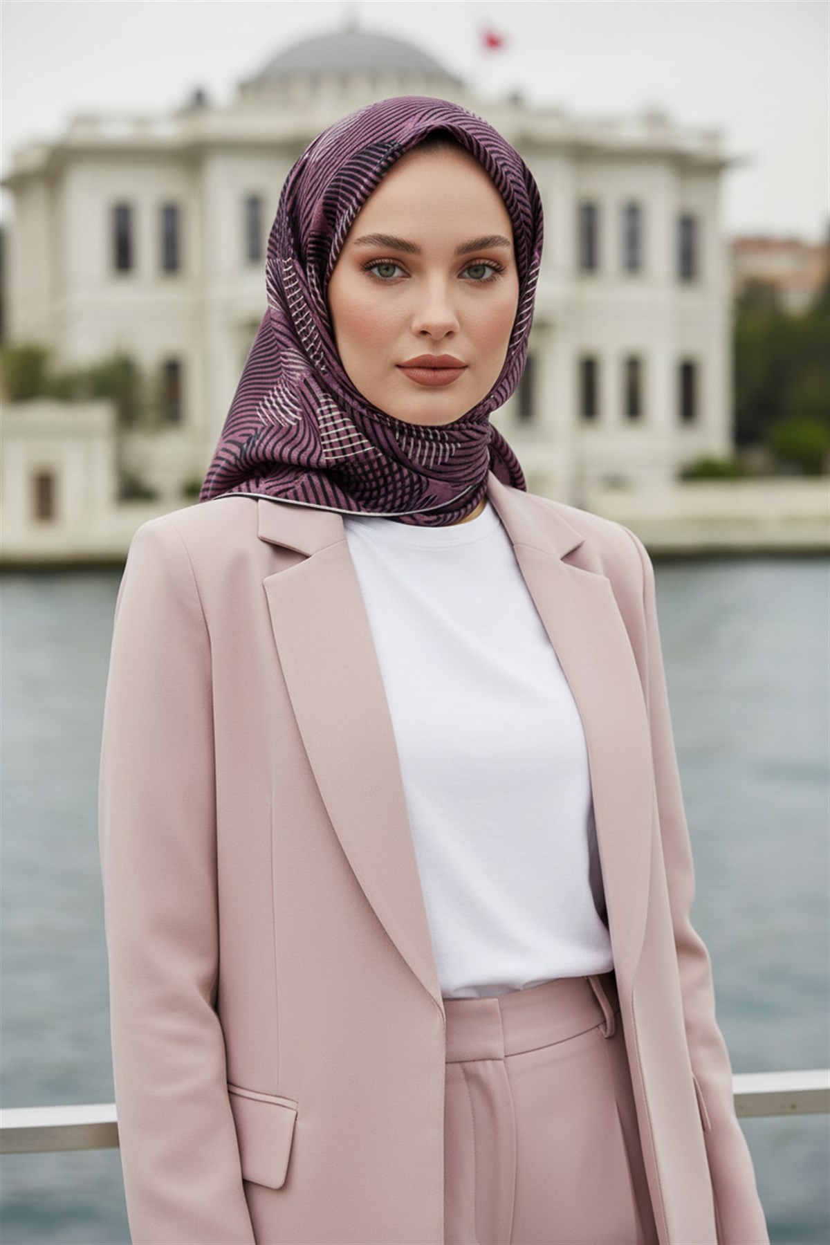 %100 Twill İpek Çizgili Çiçek Desenli Siyah - Gül Kurusu Renkli 90x90 Eşarp Dikim Şekli : El Dikişi