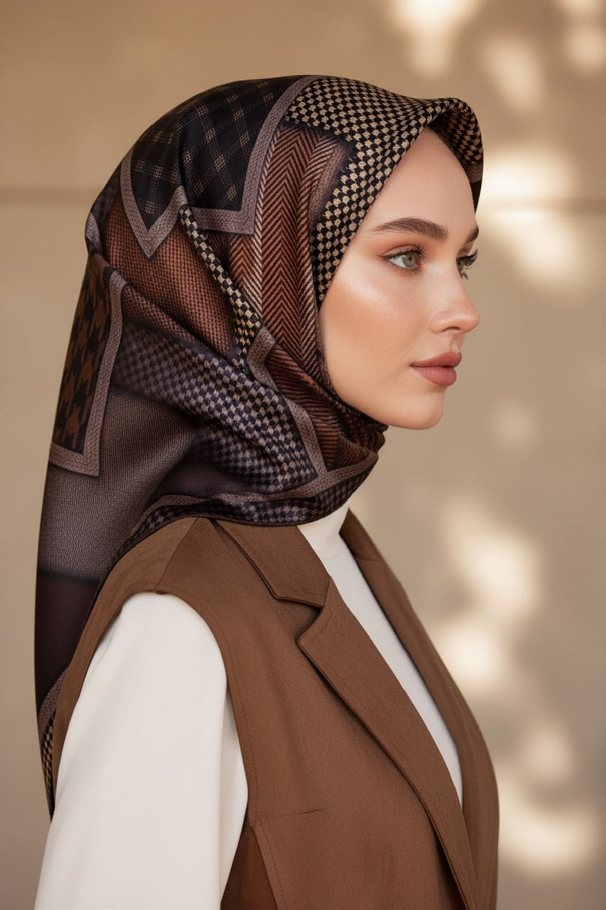 %100 Twill İpek Kazakayaklı Ve Ekose Desenli Kahverengi - Bej Renkli 90x90 Eşarp Dikim Şekli : El Dikişi