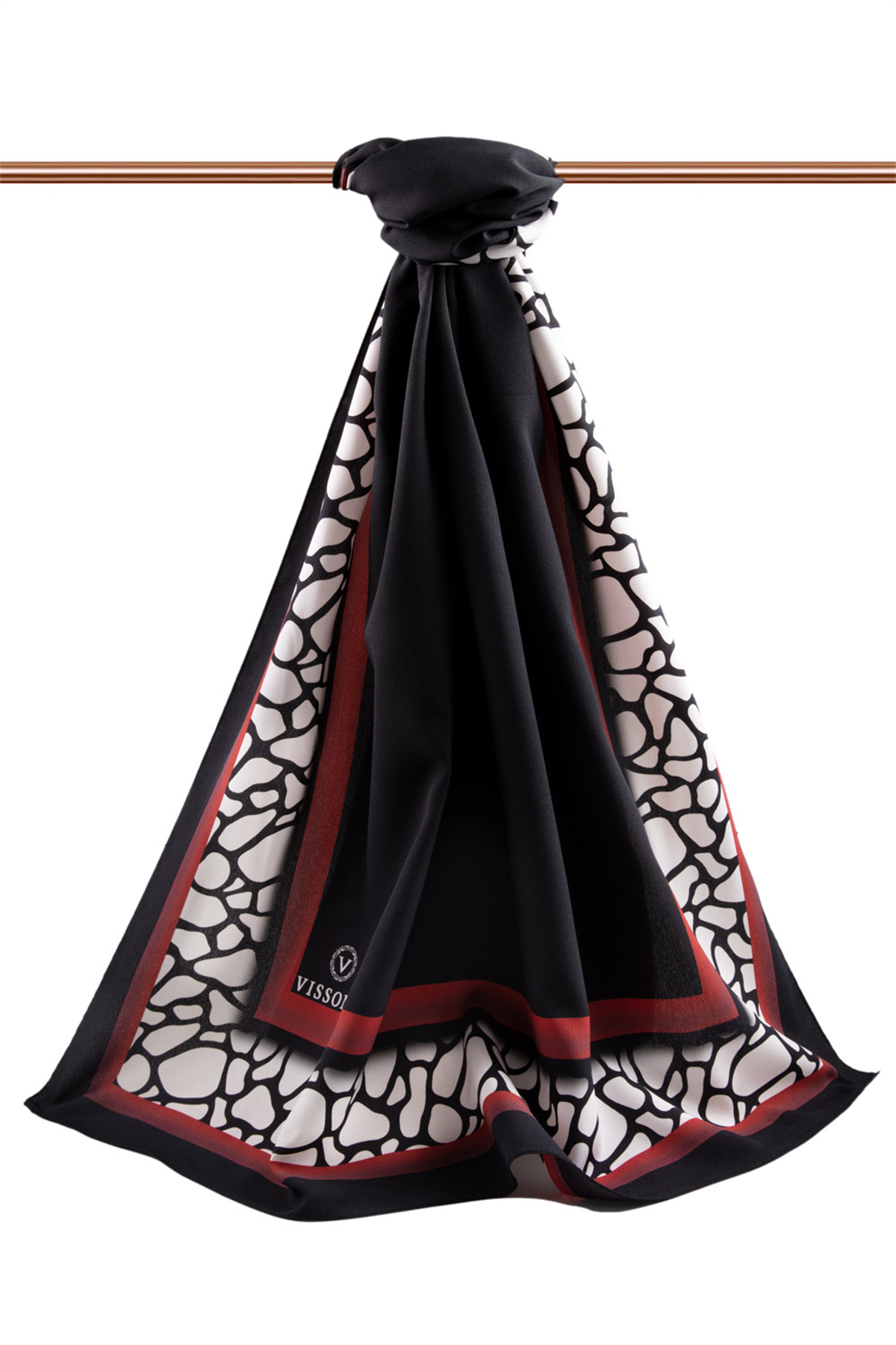 LÜKS MEDİNE İPEĞİ  DESENLİ SİYAH - BORDO  RENKLİ 75X195 KIRIŞMAZ ŞAL MOSS KREP DİKİŞ TİPİ İTALYAN DİKİŞLİ