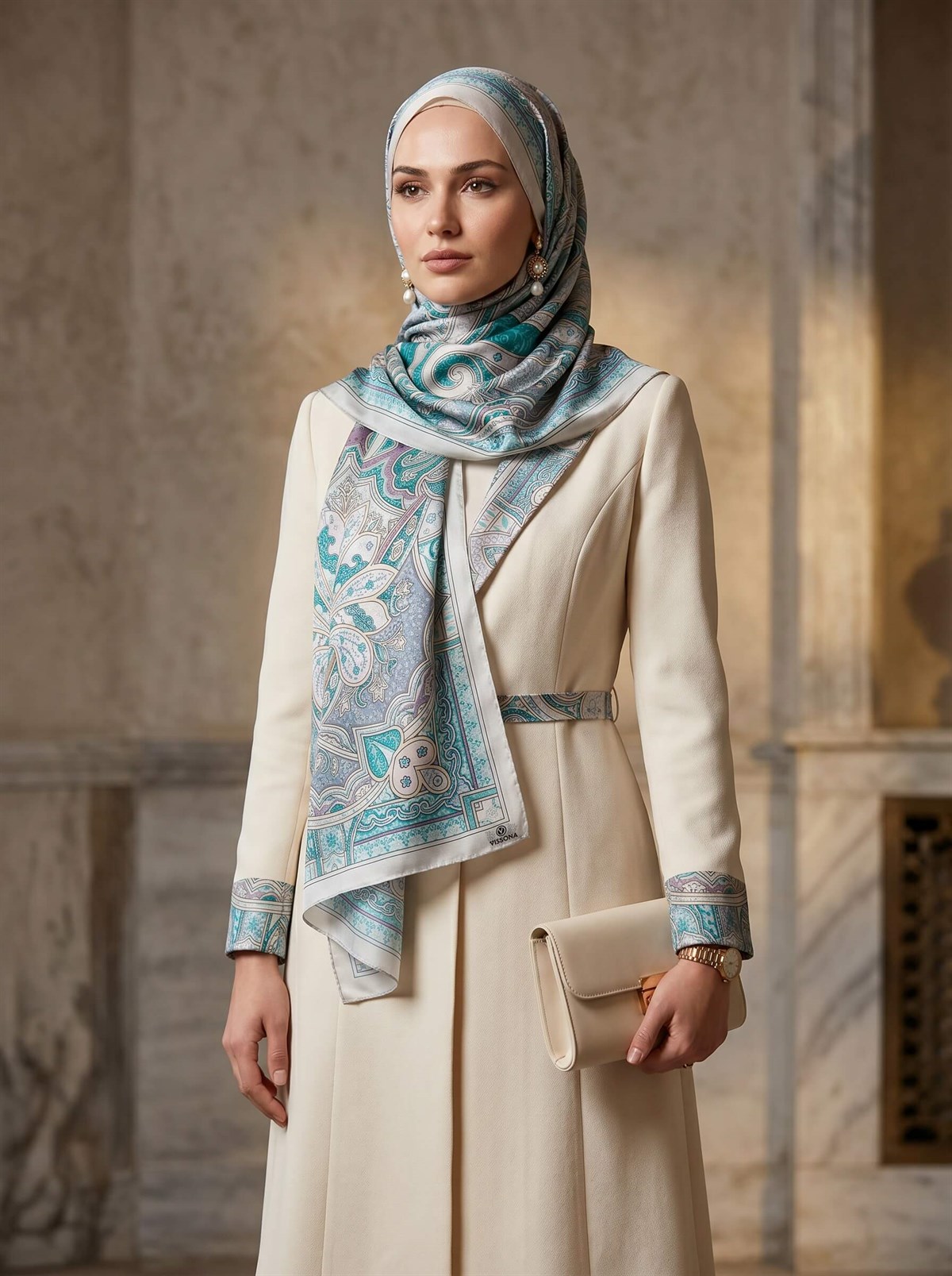 100% İpek Etro Desenli Gri - Gül Kurusu Renkli 92x210 Şal