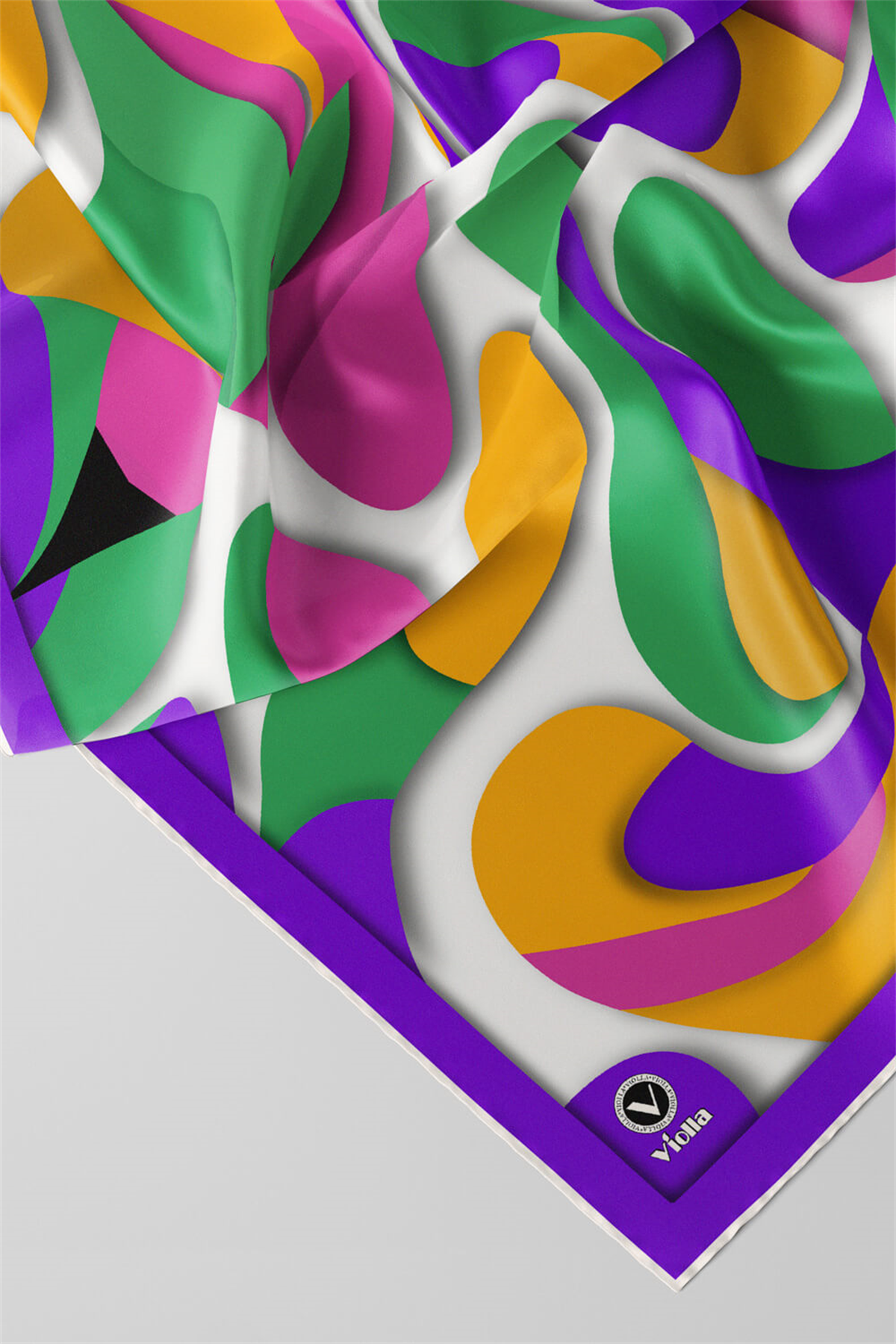 Twill Soyut Geometrik Desenli Mor - Buz Mavisi Renkli 90x90 Eşarp (İpek İçermez) Dikim Şekli : El Dikişi