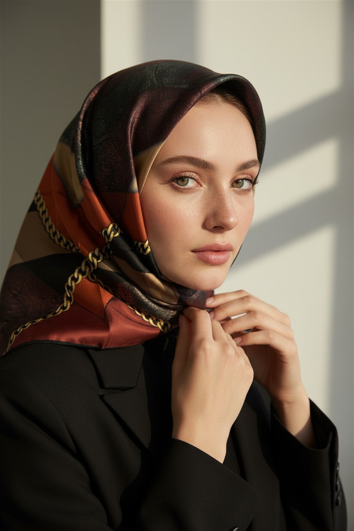 % 57 İPEK % 43 VİSKON Twill İpek Taş Efekti Desenli Taba - Siyah Renkli 90x90 Eşarp Dikim Şekli : El Dikişi