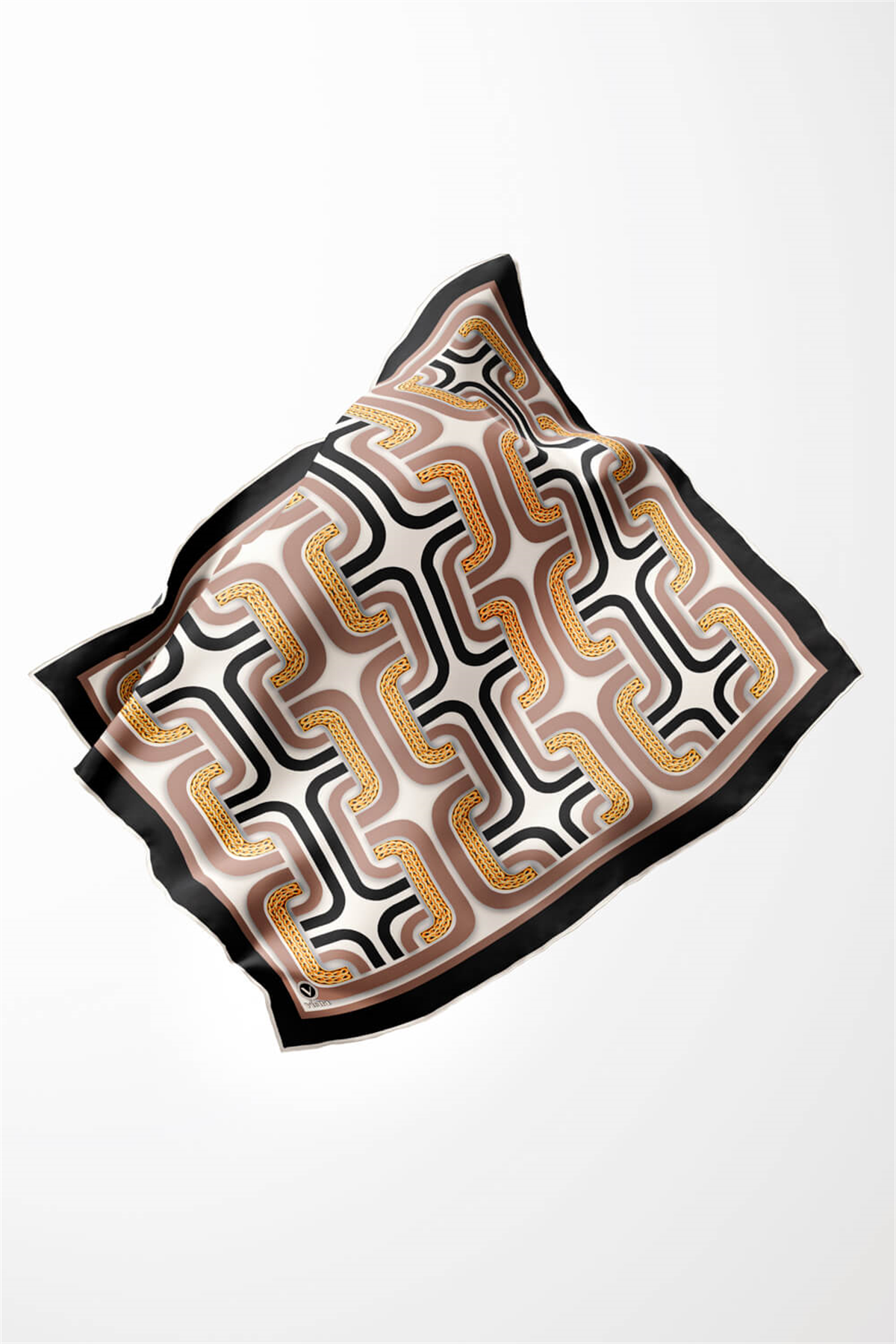 Twill Geometrik Zincir Desenli Bej Renkli 90x90 Eşarp (İpek İçermez) Kenar Dikiş Şekli El Dikişli