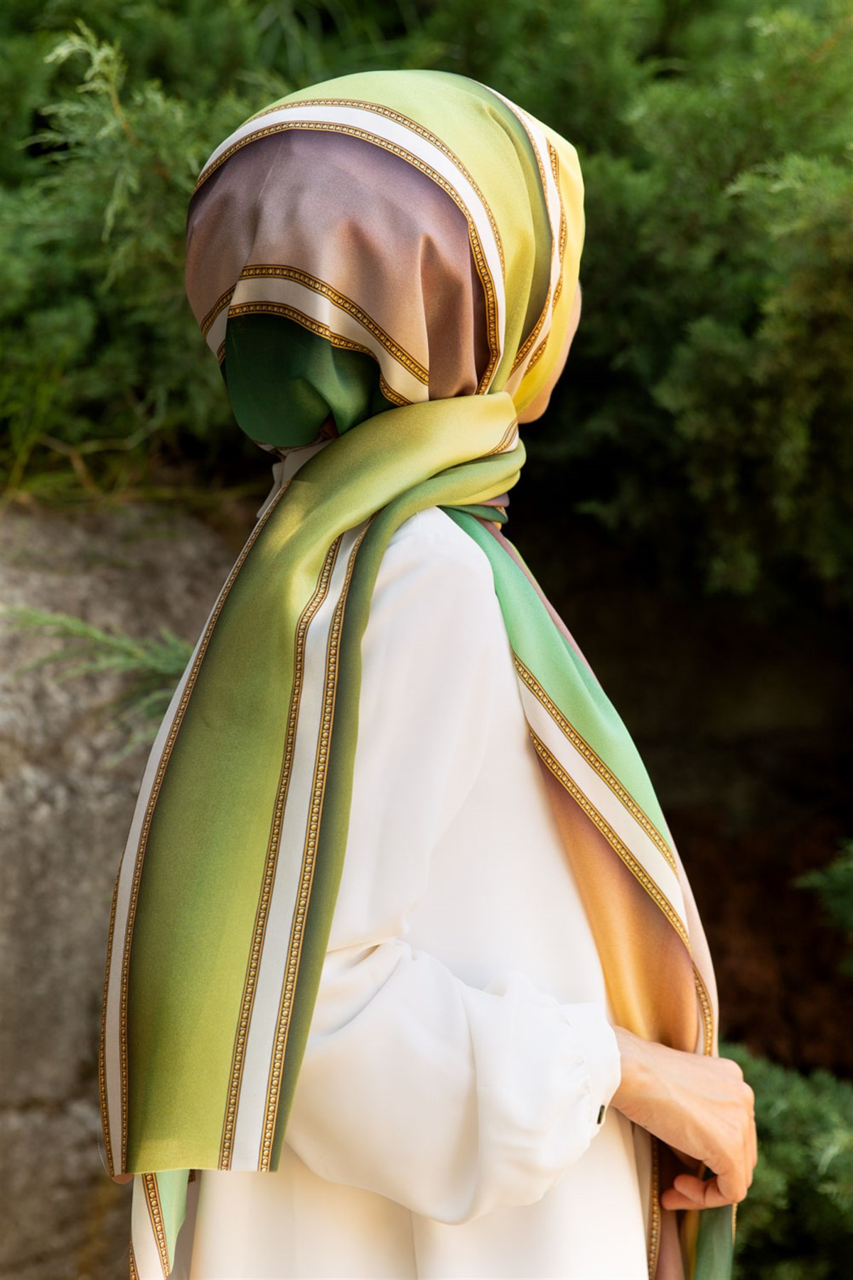 %100 İpek Şerit Desenli Gold - Mint Yeşili Renkli 92x210 Şal