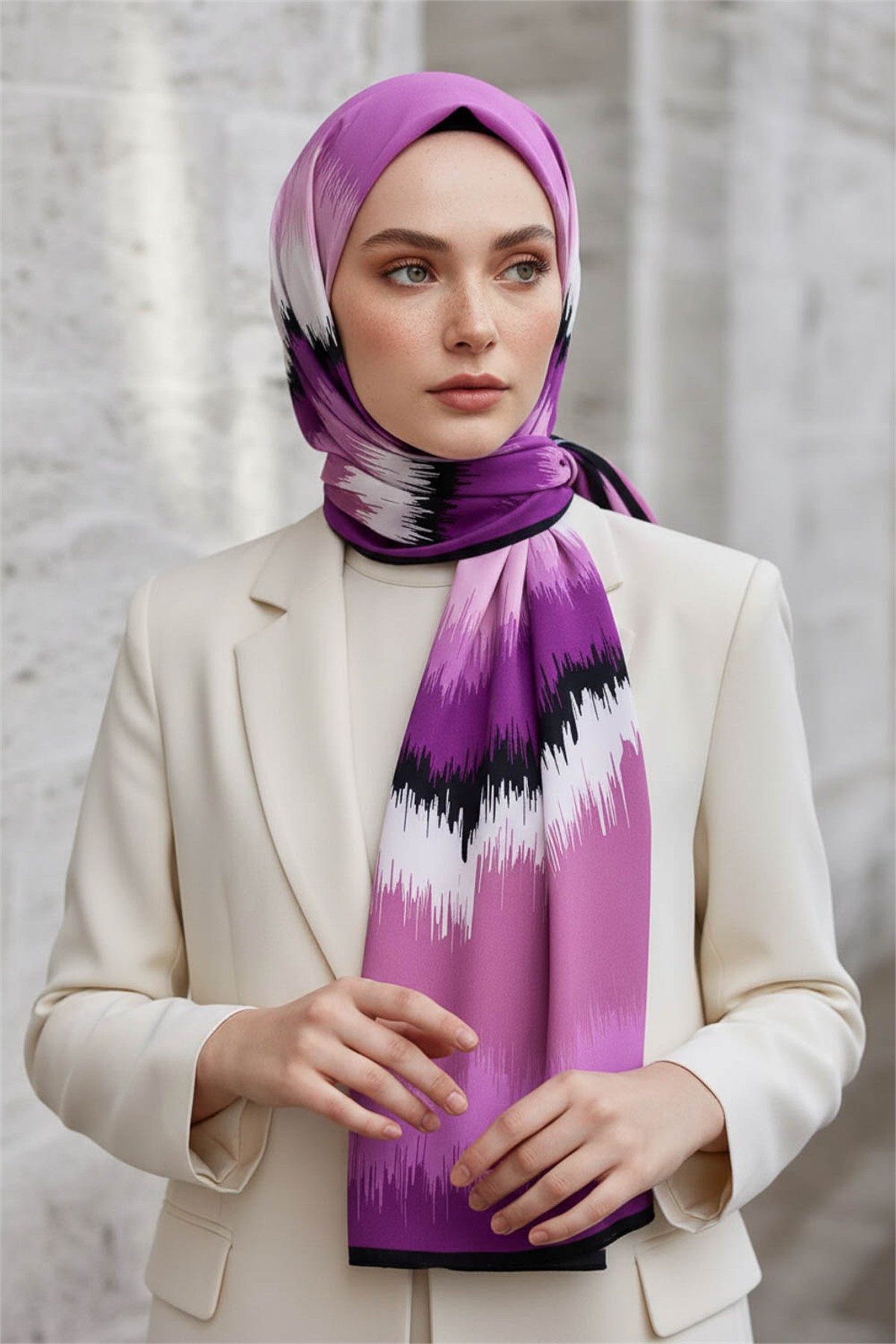 KREP FREKANS DESENLİ MOR RENKLİ 75X195 KIRIŞMAZ ŞAL