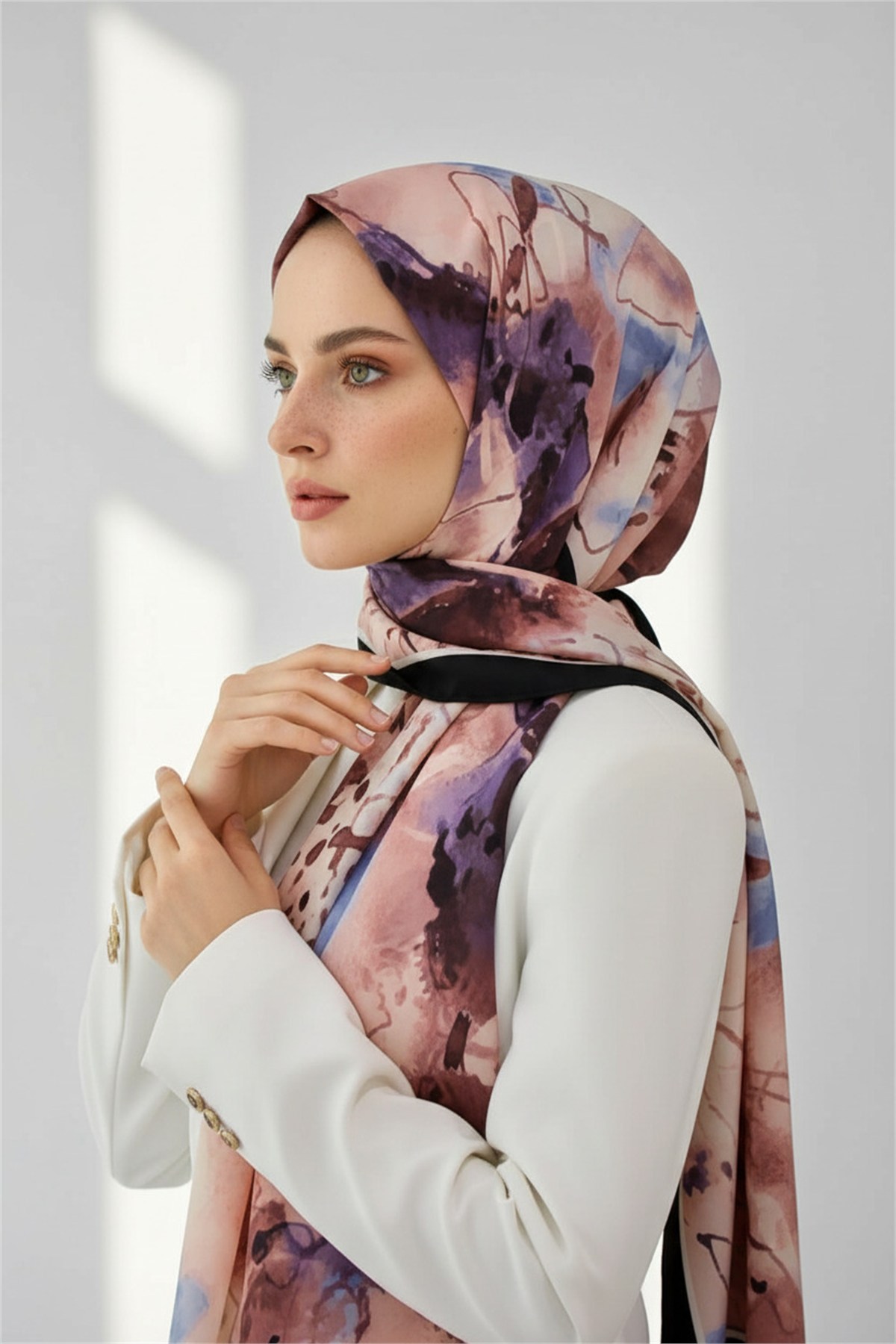 KREP SULU BOYA YAPRAK DESENLİ PUDRA RENKLİ 75X195 KIRIŞMAZ ŞAL