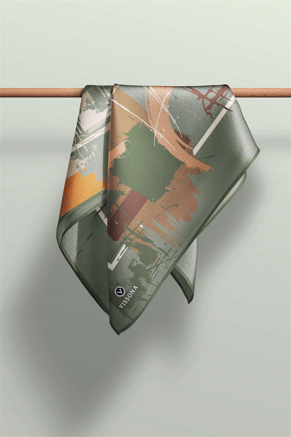 % 57 İPEK % 43 VİSKON Twill İpek Geometrik Desenli Çağla - Bakır Renkli 90x90 Eşarp Dikim Şekli : El Dikişi