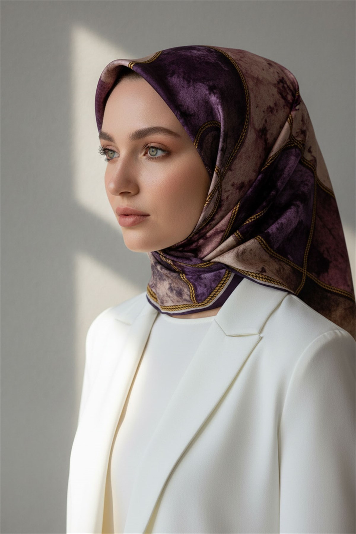 %100 Twill İpek Zincirli Mermer Desenli Mor - Pudra Renkli 90x90 Eşarp Dikim Şekli : El Dikişi