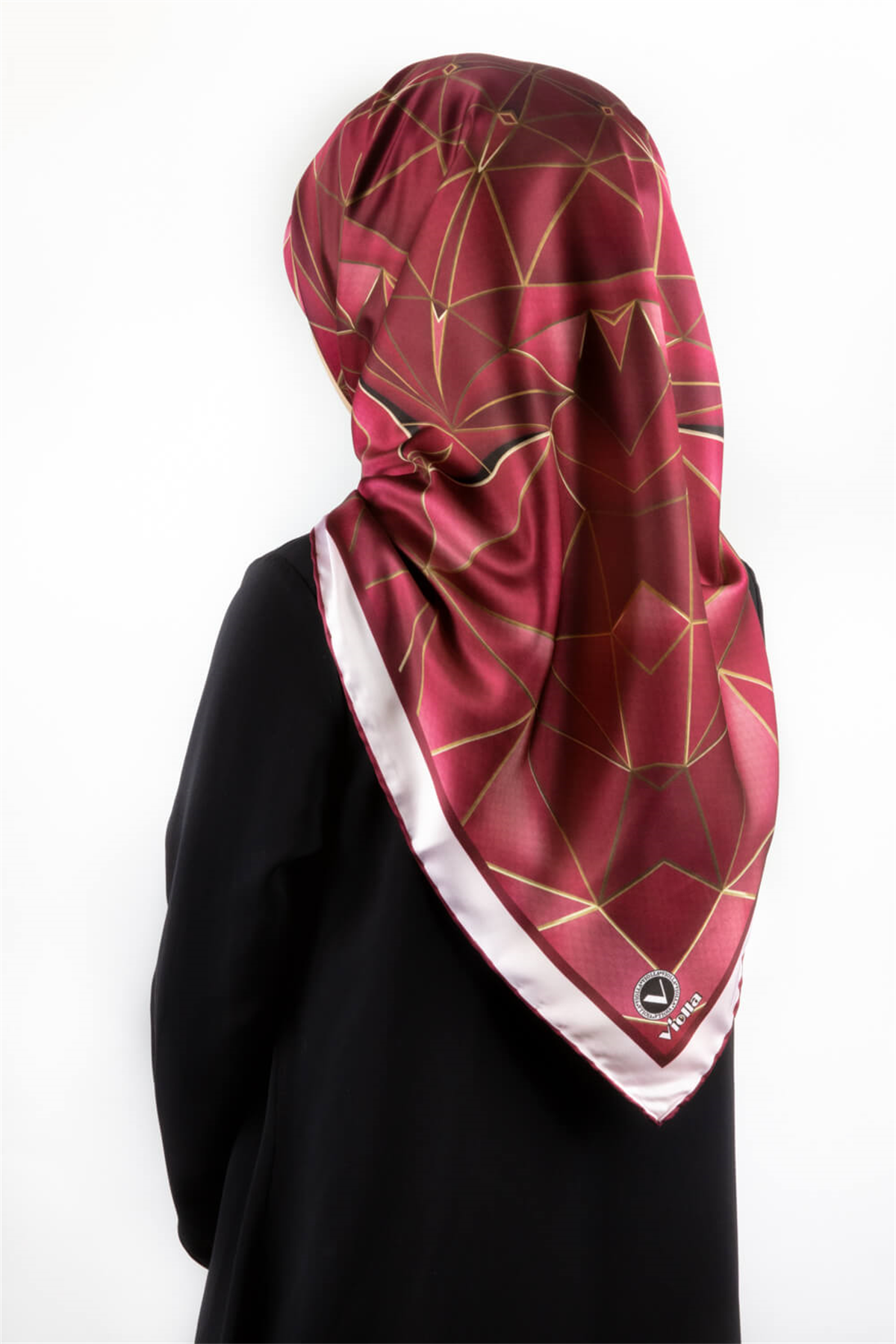 Twill Geometrik Desenli Mürdüm Renkli 90x90 Eşarp (İpek İçermez) Kenar Dikiş Şekli El Dikişli