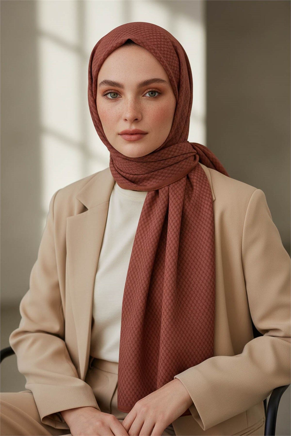 KREP HASIR DESENLİ BAKIR RENKLİ 75X195 KIRIŞMAZ ŞAL